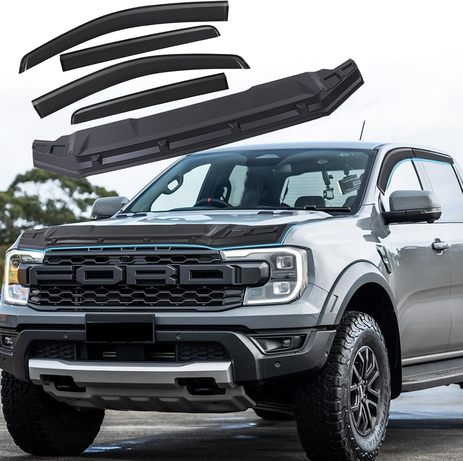 SUERAUTO4X4 for Ford Ranger Raptor Accessories Next Gen 2022 2023 2024 2025 Weather Shields Wind Deflectors Window Visor and Bonnet Protector Hood Guard Trim Car Exterior