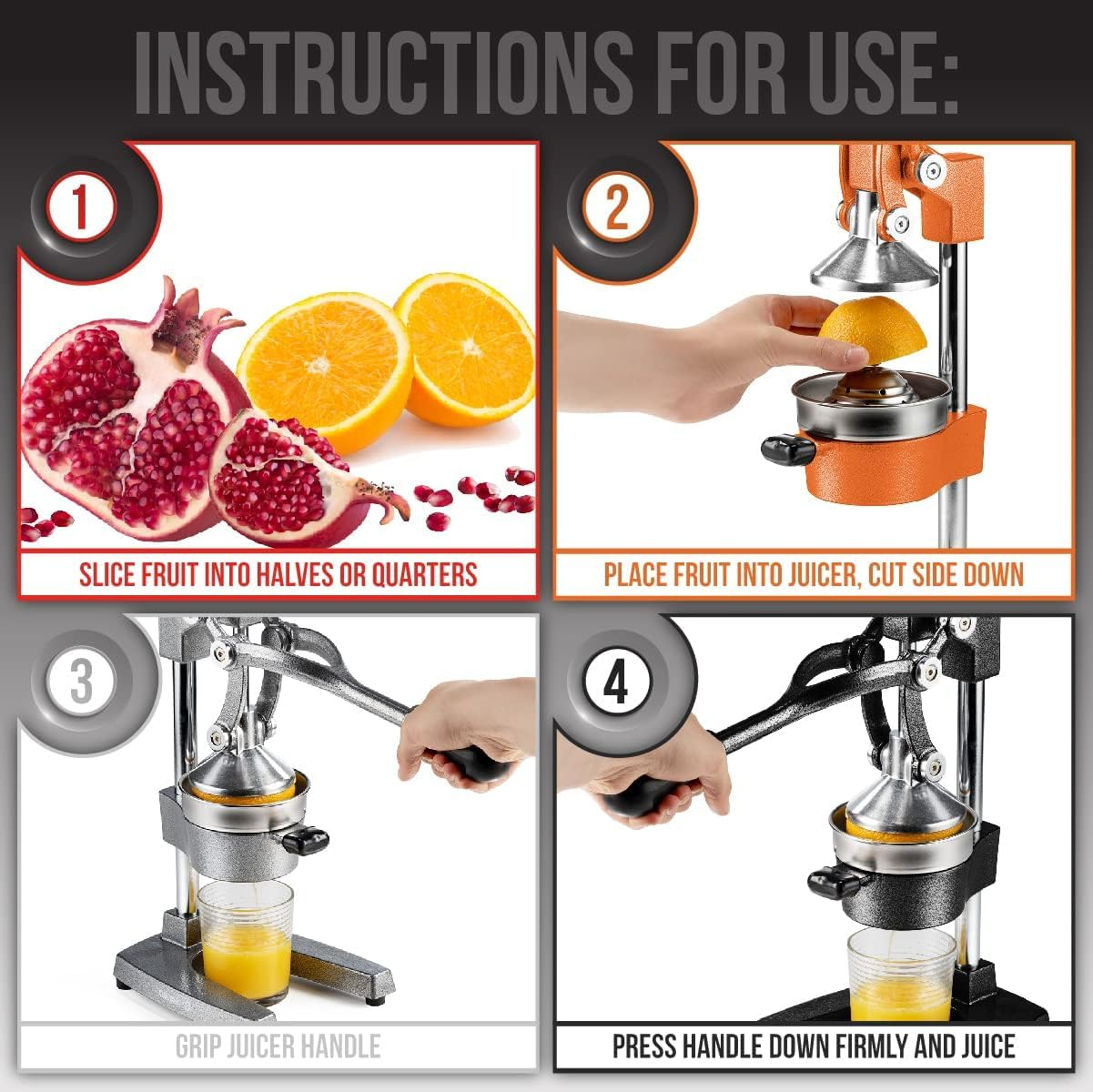 Homodoskey Cast Iron Citrus Juicer | Extra-Large Commercial Grade Manual Hand Press | Heavy Duty Countertop Squeezer for Fresh Orange Juice (Bonus Stainless Steel Cup) (Gray) - Gray image number 6