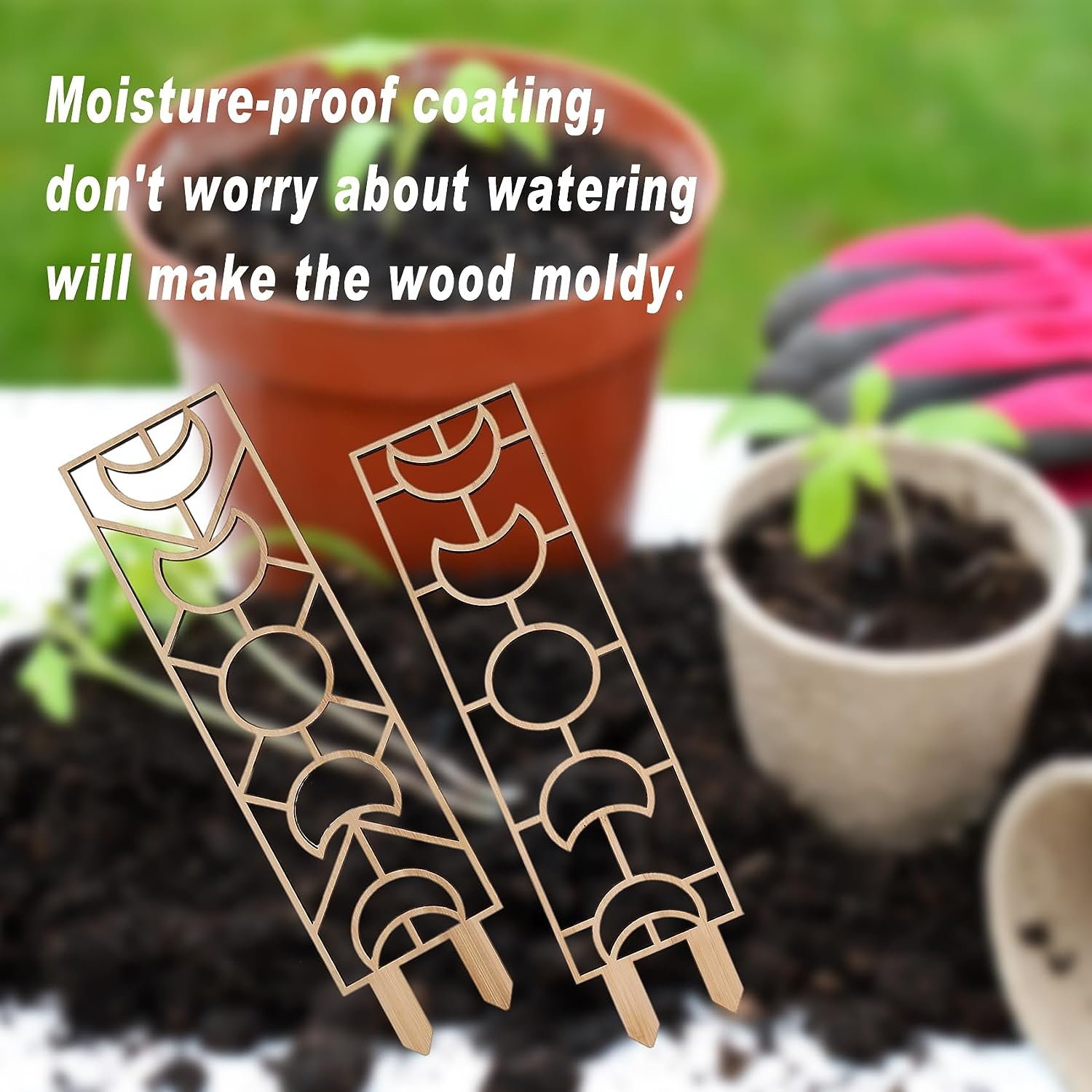 Wooden Plant Trellis, Small Garden Trellis for Climbing Plants Indoor Pot, 2 Pack Moon and Geometric Shape Design with Moisture-Proof Layer, Houseplants Decoration for Vines, Hoya (2Pcs, Au) image number 6