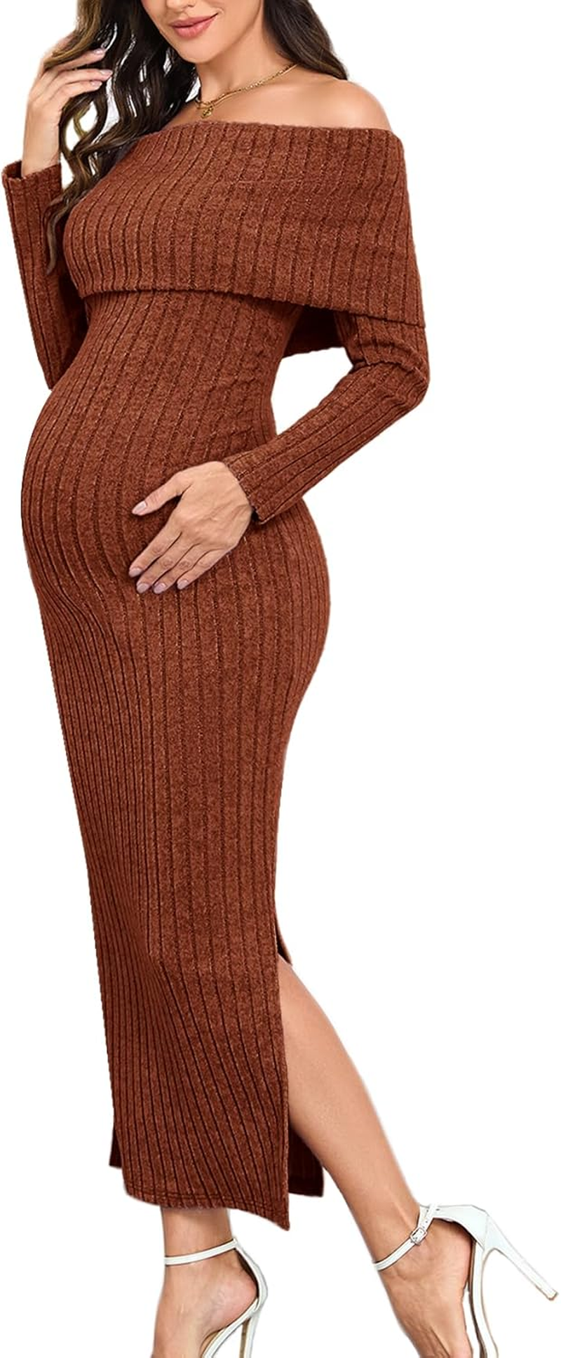 Maternity Sweater Dress off the Shoulder Rib Knit Long Sleeve Dresses with Side Slit for Pregnancy Baby Shower