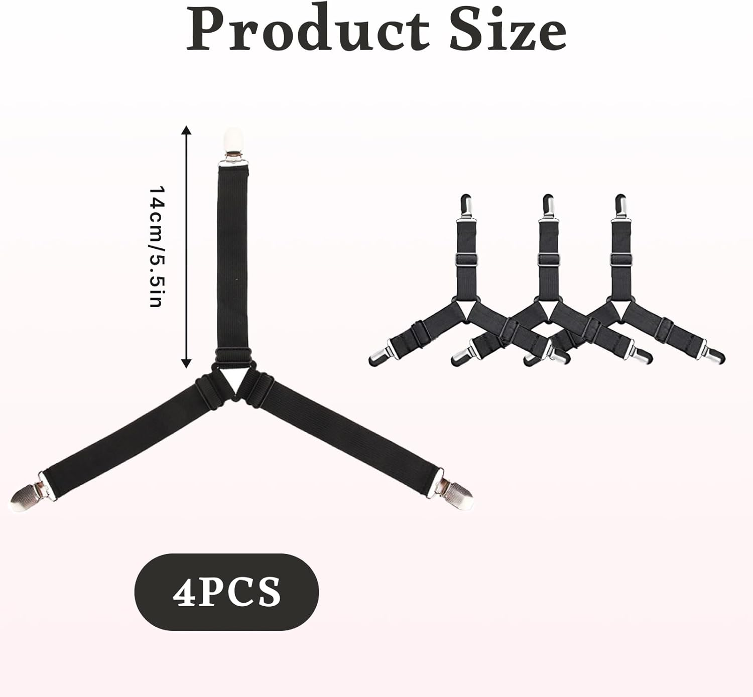 Premium Bed Sheet Straps Set 4 PCS, Adjustable Fitted Sheet Holders in Black, Durable Elastic Nylon with Nickel-Plated Clips, Suitable for Most Bed Types, Keep Sheets Securely in Place image number 4