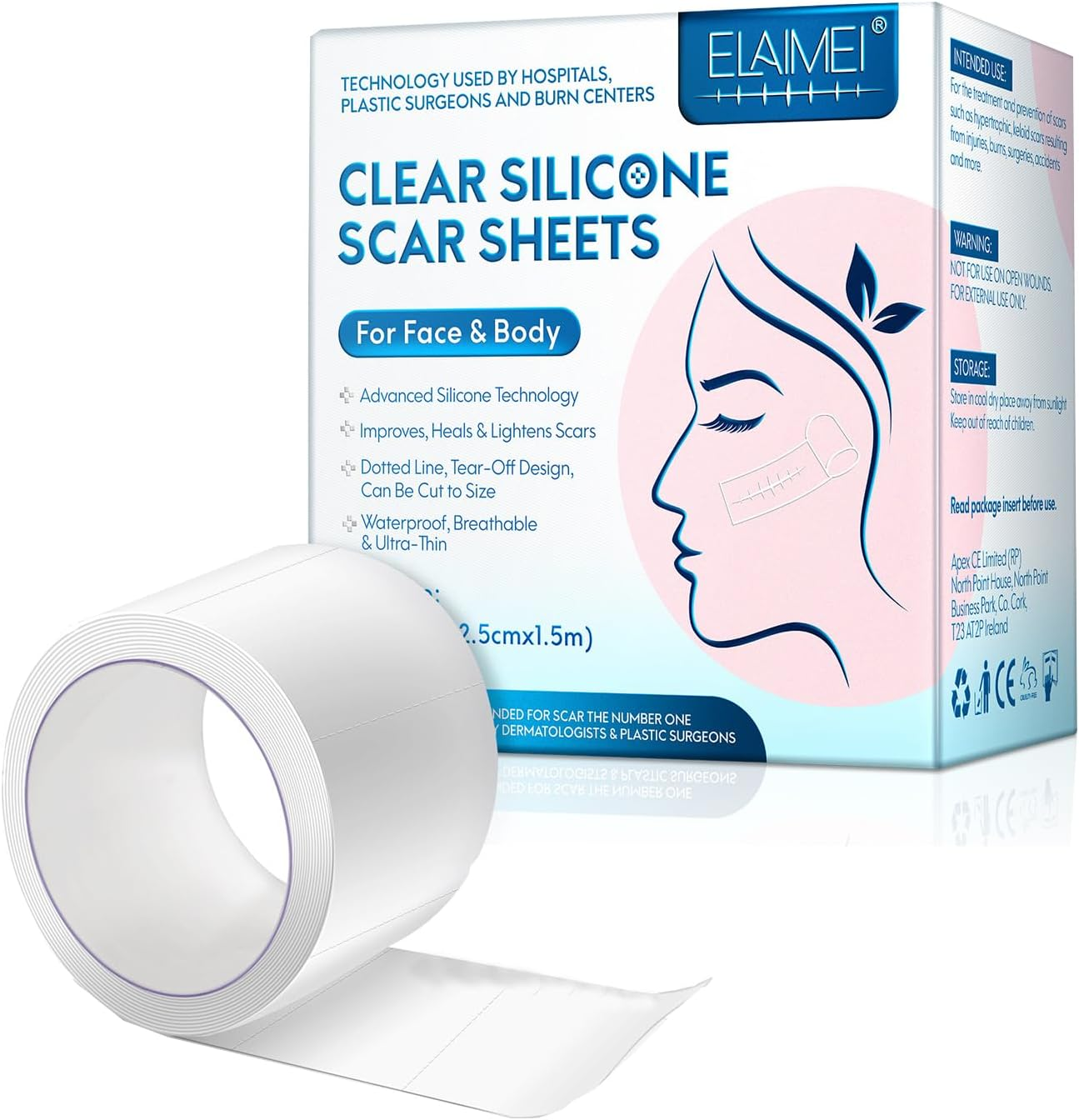 Silicone Scar Sheets (1Pcs 2.5 X 150Cm Roll), Professional Scar Removal Tape, Scar Tape Roll, Scar Silicone Strips for Face & Body, for C-Section, Surgery, Burn, Keloid, Acne image number 3