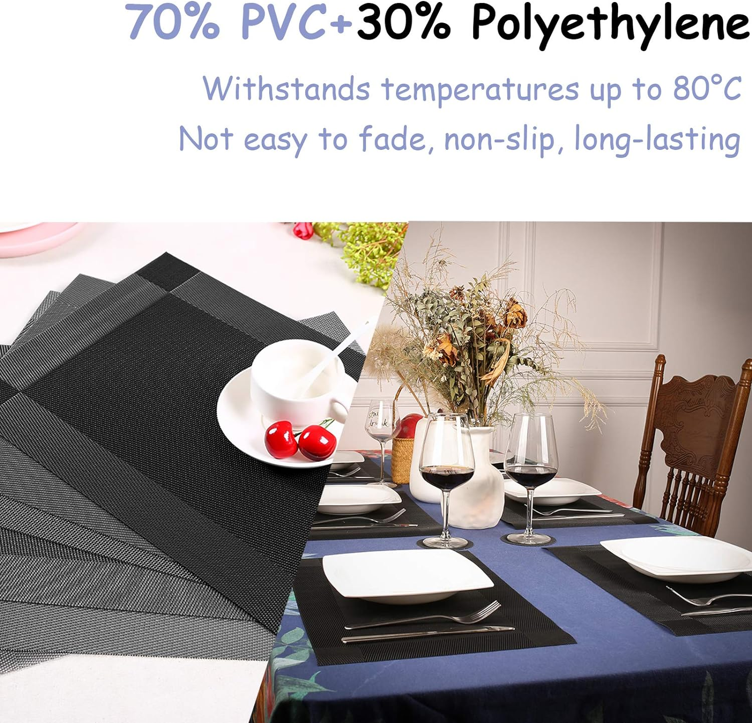 Neween Woven Placemats Set of 6 with 6 Coasters, Heat Resistant Washable Place Mats PVC Table Mats, Non-Slip Woven Vinyl Plastic Placemats for Kitchen Dining Table Easy to Clean (Black) image number 6