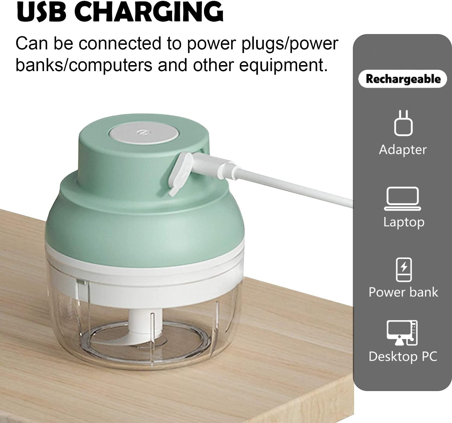 Electric Garlic Chopper, Kenpiko Powerful Mini Chopper, Rechargeable Electric Mini Garlic Chopper for Vegetable/Onions/Meat/Salad, 250ML/100ML, 2 Stainless Steel Blade, Waterproof, BPA Free image number 6