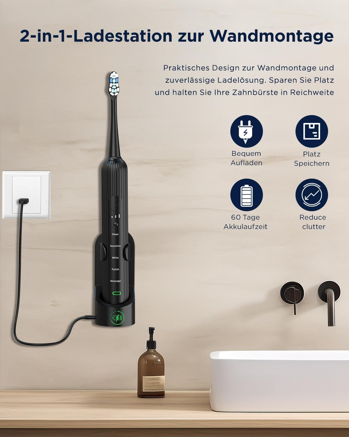 Electric Sonic Toothbrush for Adults & Children, 5 Cleaning Modes with 3 Intensity Levels, Timer, 8 Replacement Brush Heads & Travel Case, Rechargeable Sonic Toothbrush, Black image number 3