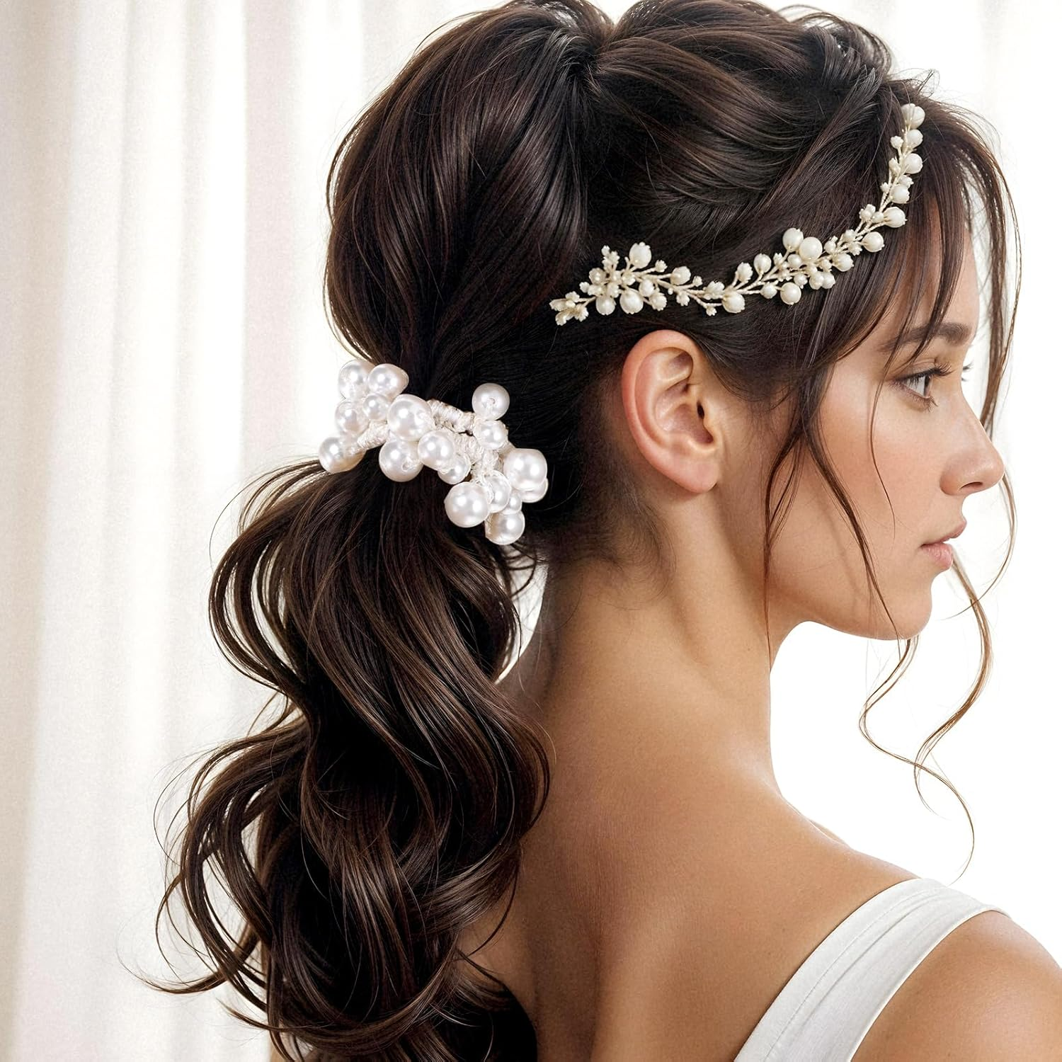 Pearl Hair Ties for Women, Elastic Beaded Hair Scrunchies Bling Ponytail Holders, Fake Pearl Hair Accessories Stylish Hair Rope for Girls Thick Thin Hair Braids (White, Blue, Rose Gold) image number 1