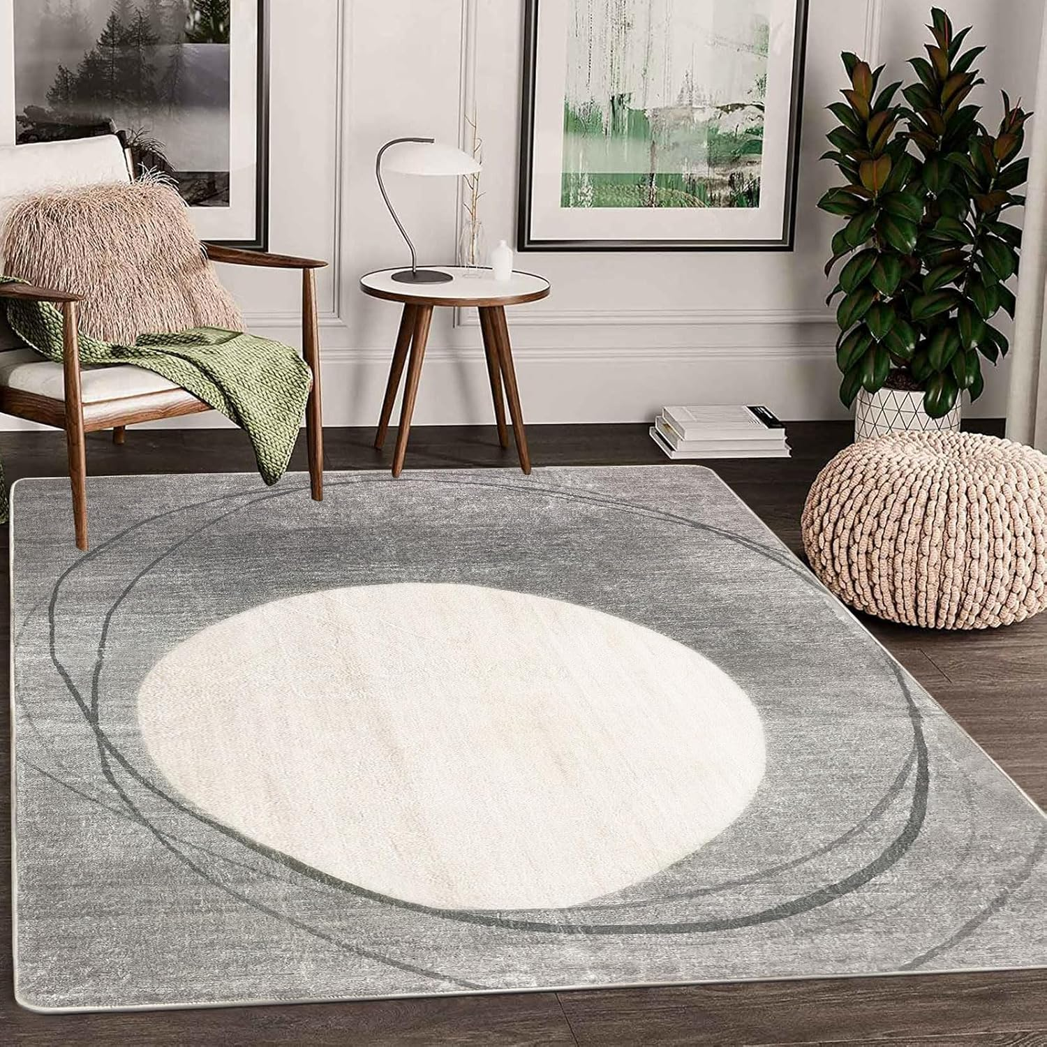 Tinyboy-Hbq Area Rug Short Pile Living Room Carpet Modern Geometric Design Rugs Circular Pattern Rug Non-Slip Decorative Rugs for Bedroom (Light Grey/Beige, 120 * 160Cm) image number 3