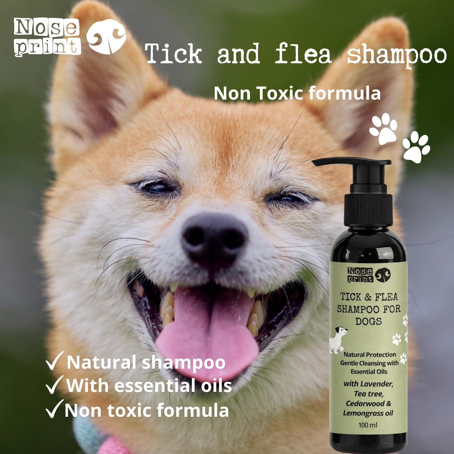 Noseprint Natural Tick and Flea Dog Shampoo, 100Ml, Botanical Cleanser with Cedarwood, Lavender, Lemongrass, Rosemary, Puppy Safe image number 2