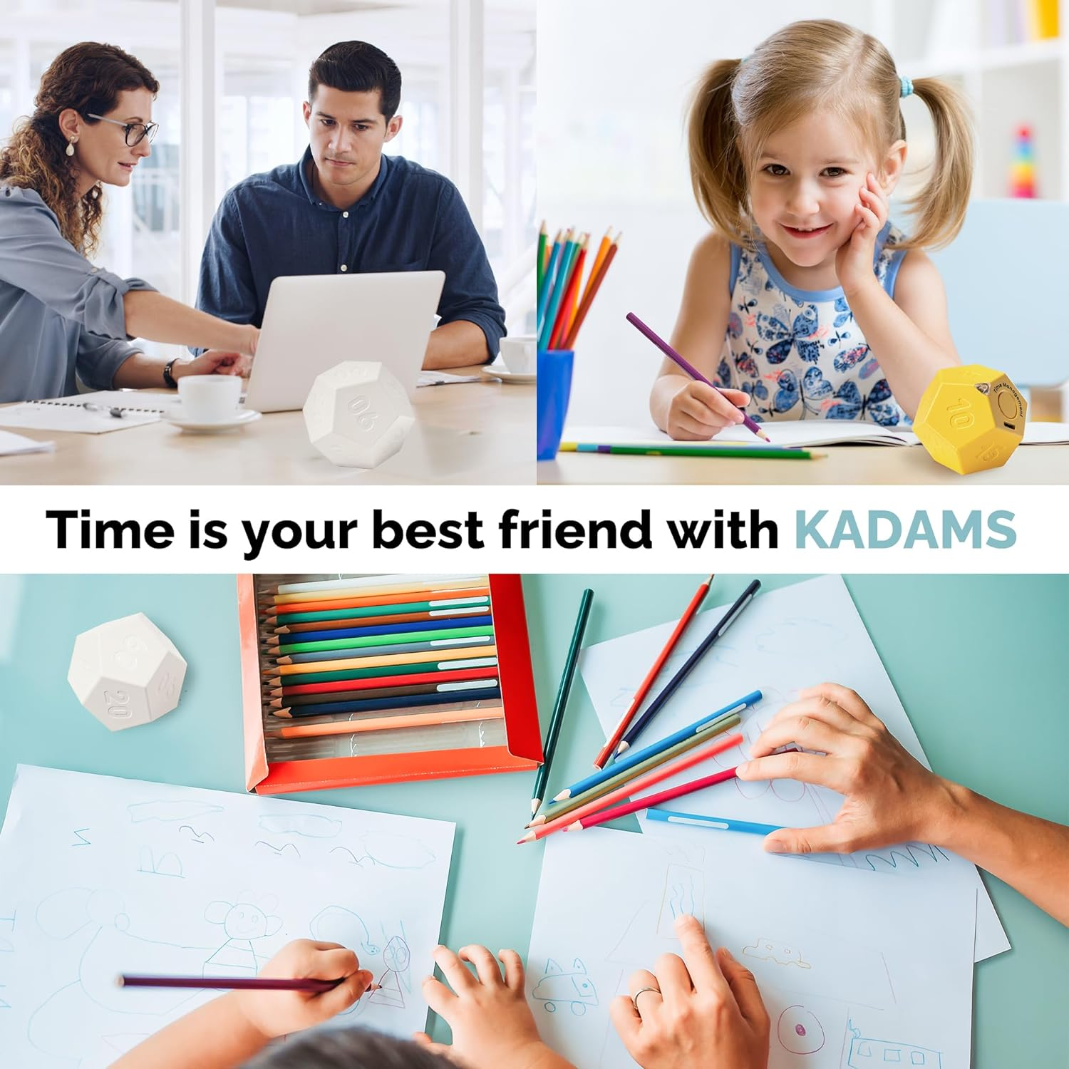 KADAMS Pomodoro Rotating Desk Productivity Timer - 11 Preset Countdown Rechargeable Dodecagon - Sound Vibrate Mute Flip for Kids, Kitchen, Cooking, Workout, Exercise, Study, ADHD - White image number 4