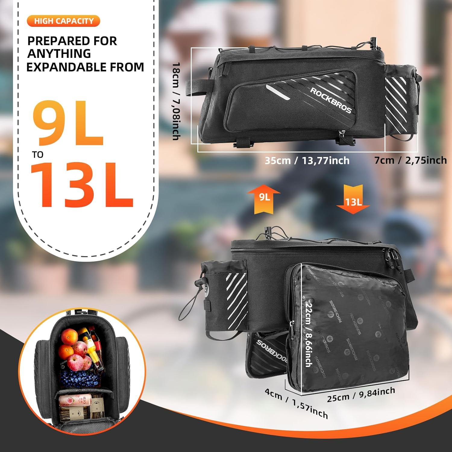 ROCKBROS Bike Rack Bag 13L, Bicycle Panniers, Trunk Bag with Rain Cover, Reflective Straps, Compatible with E-Bike, Bicycle image number 6