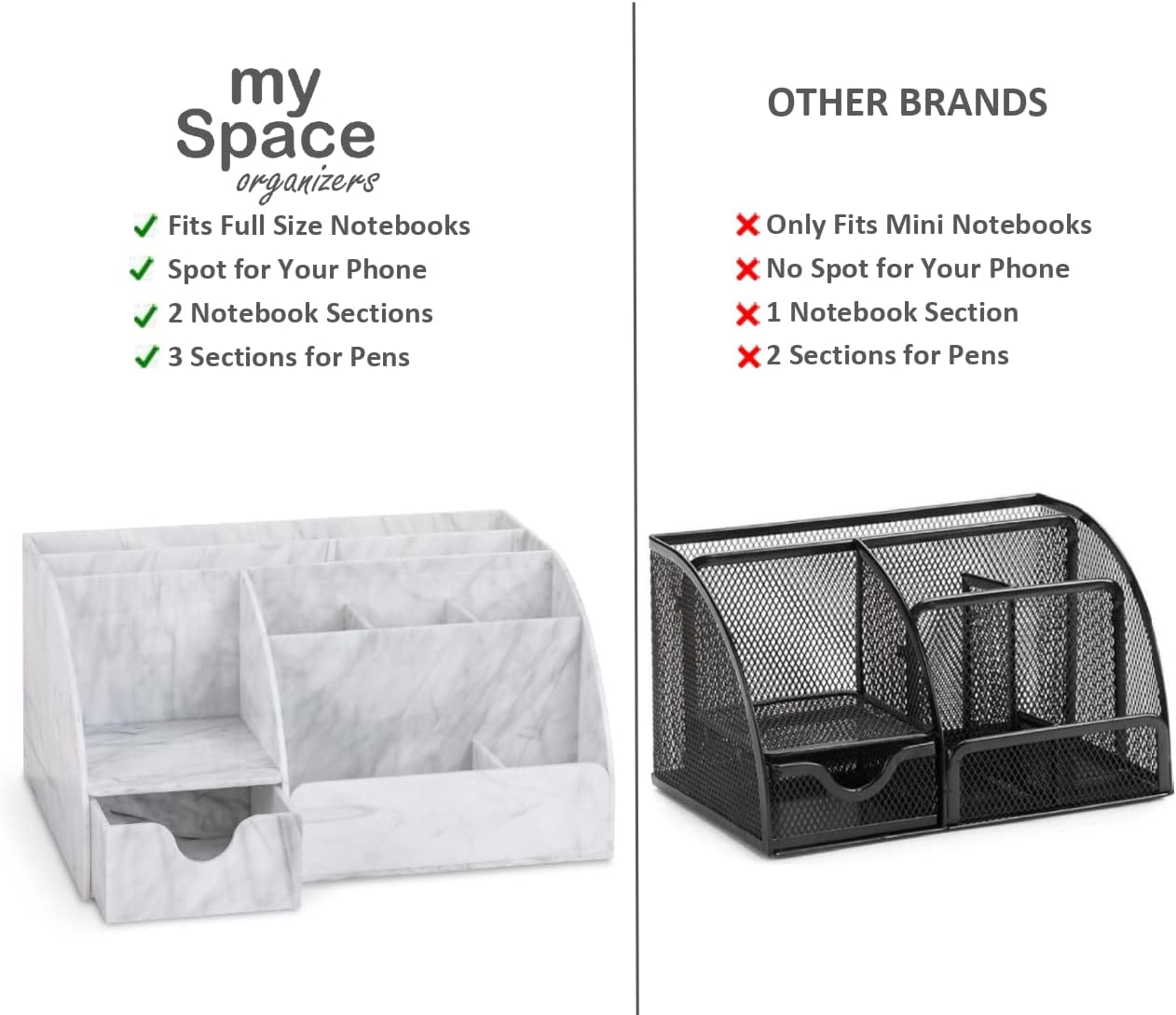 Acrylic Office Desk Organizer with Drawer, Marble 9 Compartments, All in One Office Supplies and Cool Desk Accessories Organizer, Enhance Your Office Decor Desktop Organizer (White Grey Marble)