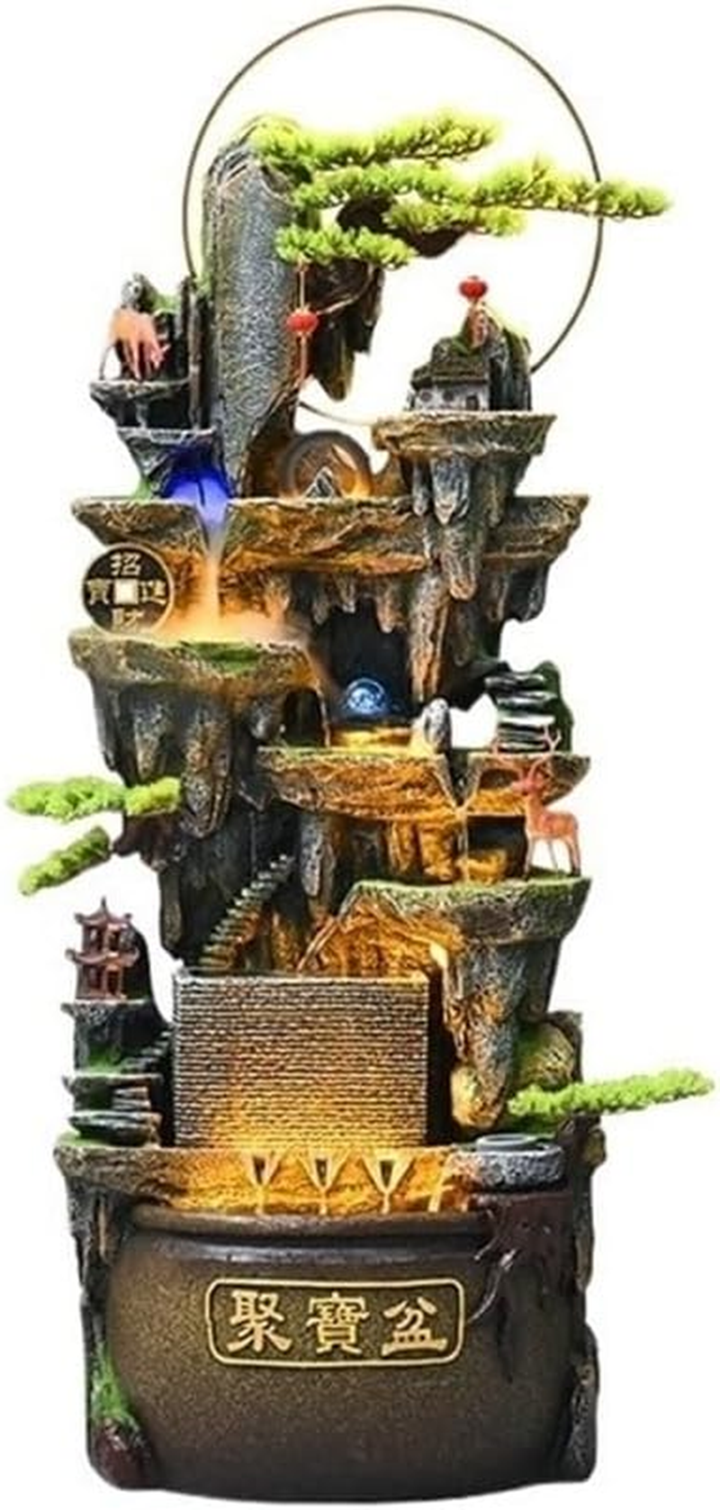 Outdoor Fountain Retro Waterfall Fountain with Lighting for Living Rooms,Entrances 149Cm High Circulating Attracts Wealth