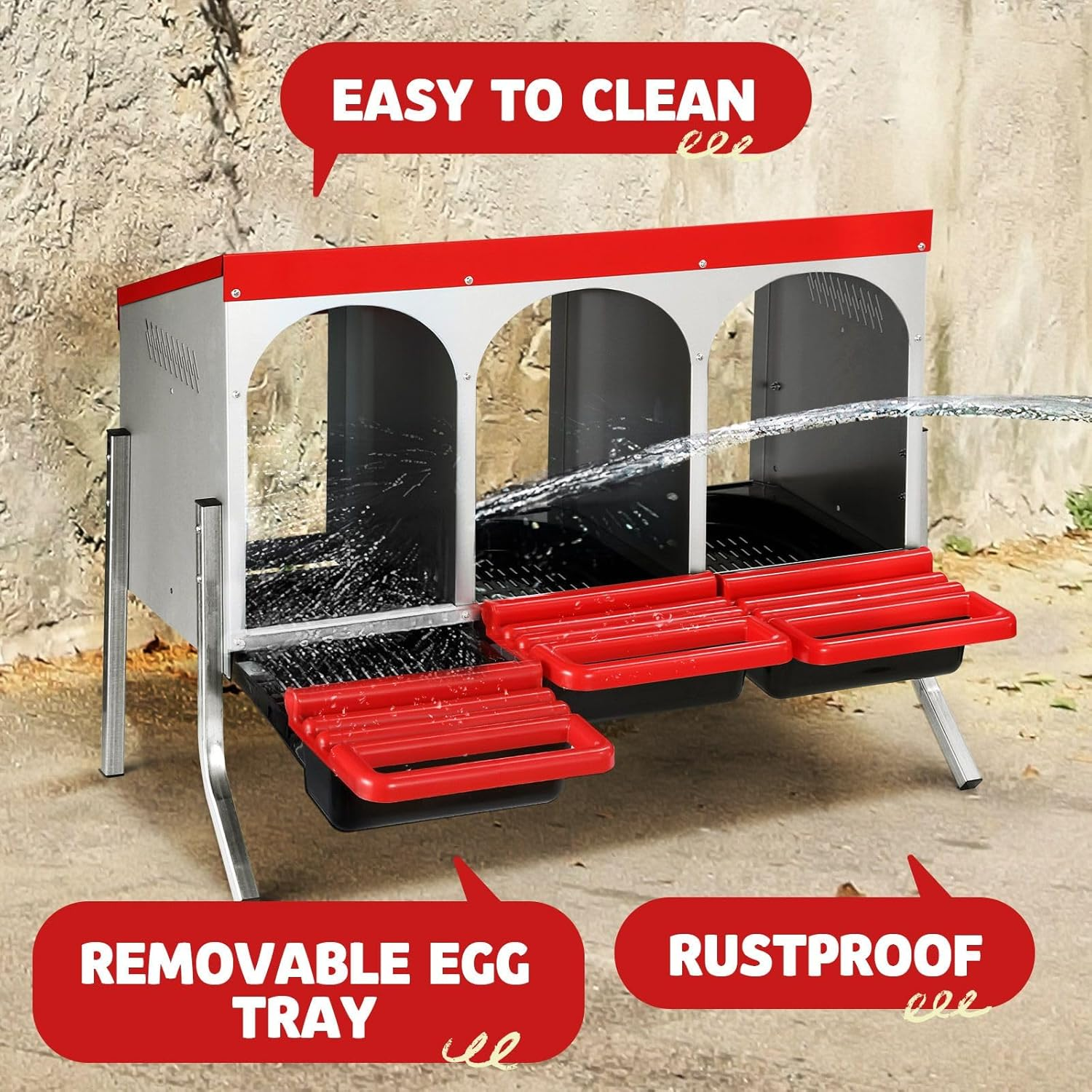 3 Hole Chicken Nesting Box Roll Away Hen Laying Nest Boxes Chook Coop Egg Brooder Poultry Roost Perch Galvanised Steel Plastic with Stand image number 3