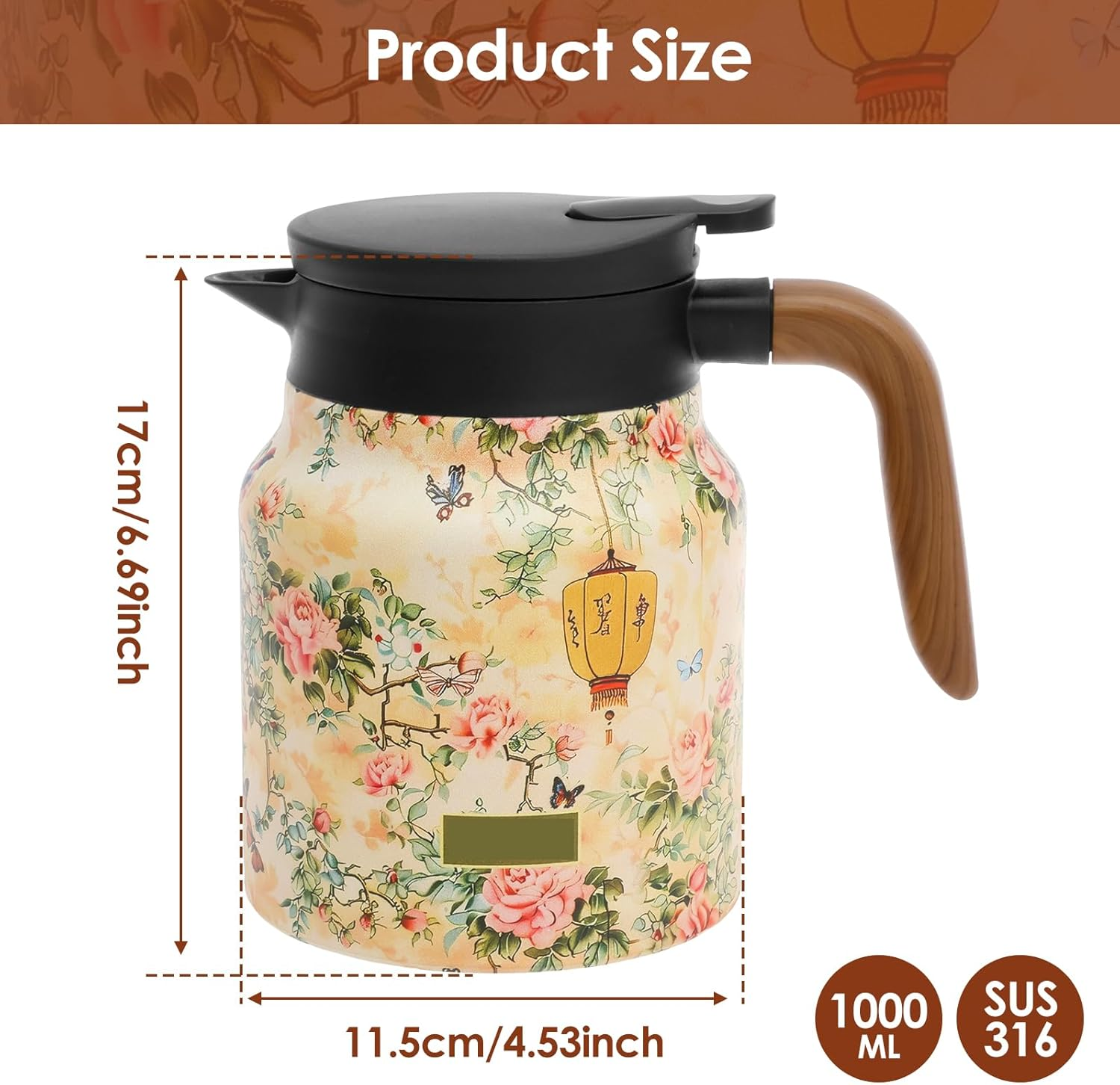 Thermal Tea Pot with Handle and Built in Infuser Stainless Steel Insulated Tea Kettle Flower Pattern Insulated Infuser Pot Practical Thermal Carafe for Home Office Zjmcajy(Beige)