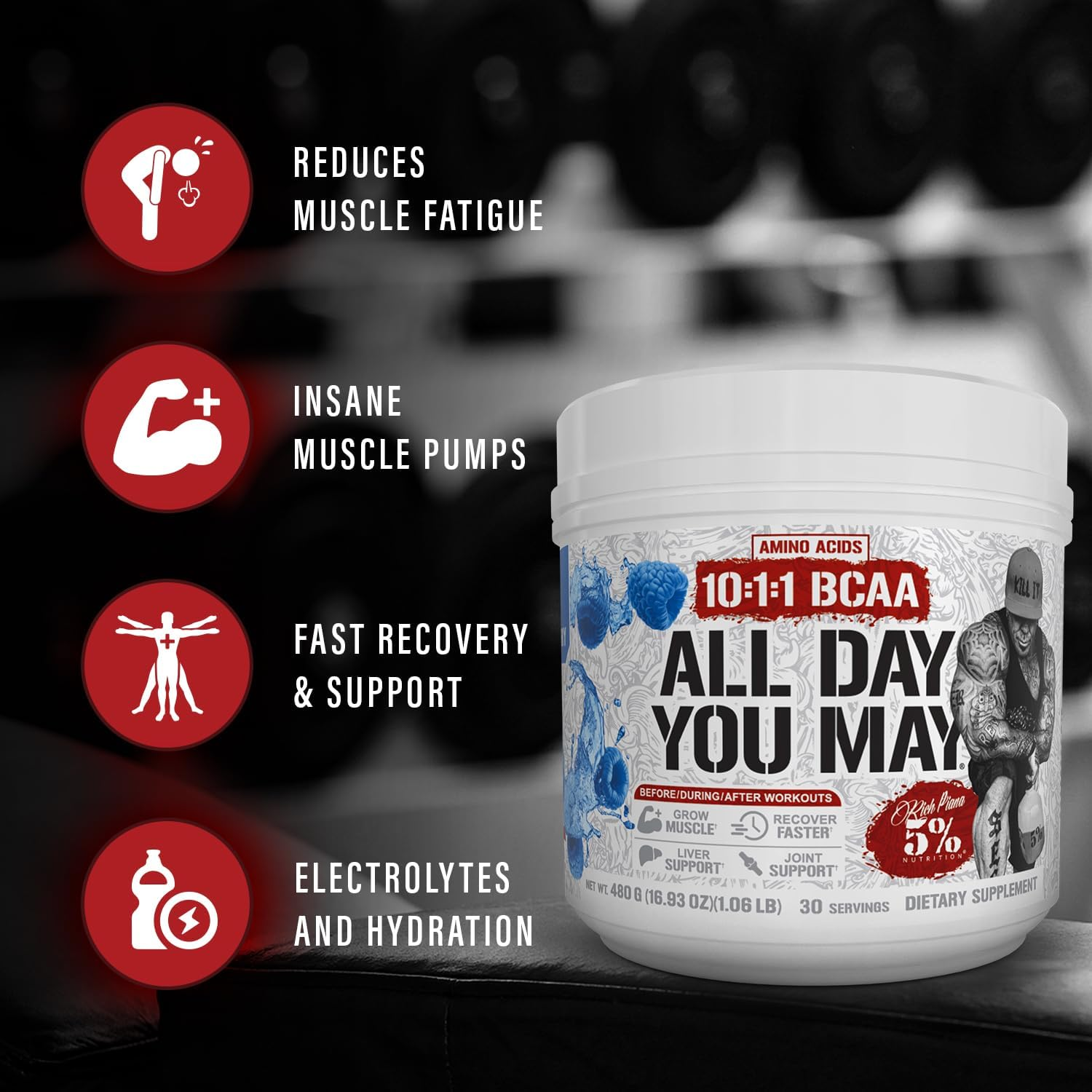 Rich Piana 5% Nutrition All Day You May - Lemon-Lime Flavour - 10:1:1 BCAA Post Workout Muscle & Joint Recovery Drink Supplement Powder, Essential Amino Acids, Sugar-Free, 435G, 30 Servings image number 2