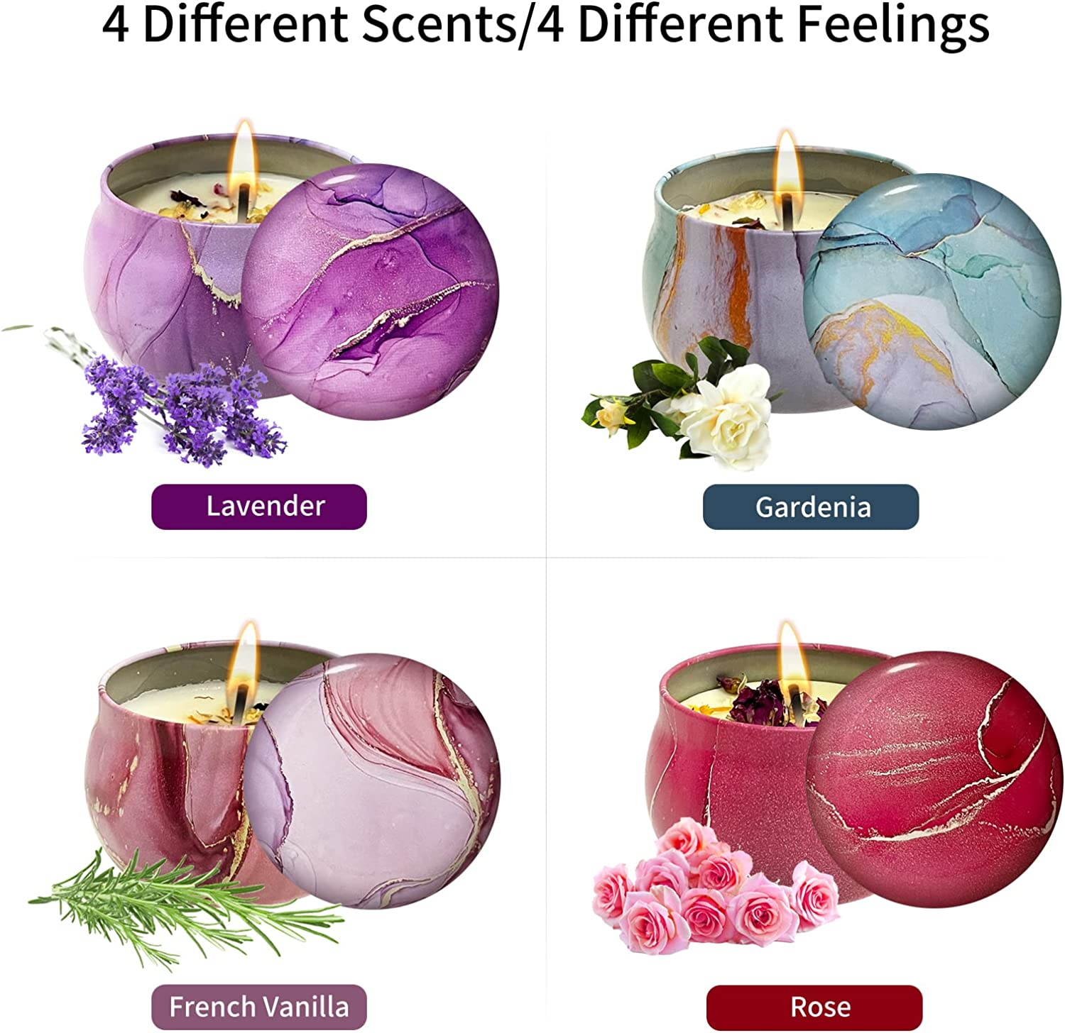NUFECARG Scented Candles Gifts Set for Women, 120G Soy Wax Portable Travel & Home Tin Jar Candles, Strong Fragrance Aromatherapy Candles with Essential Oils for Bath, Yoga, Pack of 4 image number 5