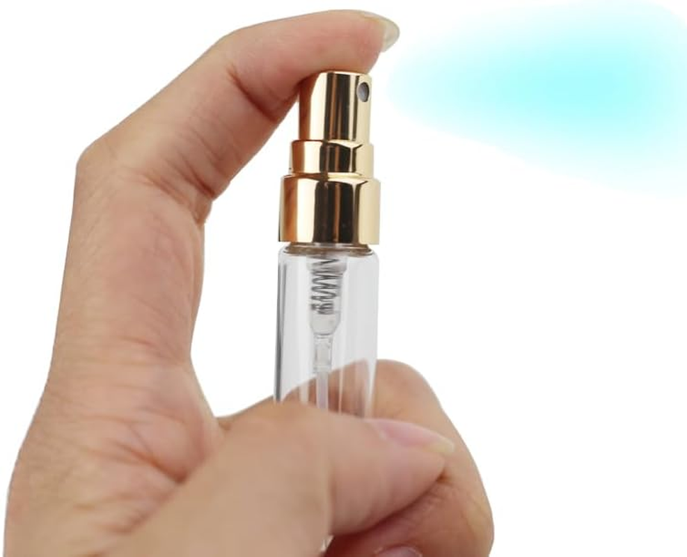 IMIROOTREE 20Pcs Clear Glass Mist Spray Bottle Atomizer Refillable Empty Sample Containers with Golden Lids for Cleaning, Essential Oils, Travel (2Ml) image number 4
