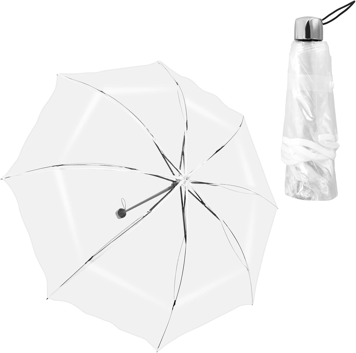 Clear Umbrella, White Transparent Umbrella, Windproof Folding Travel Umbrella, Portable Folding Umbrella, Tri-Fold Clear Rain Umbrella, 8 Ribs Strong and Fastened, Windproof image number 5