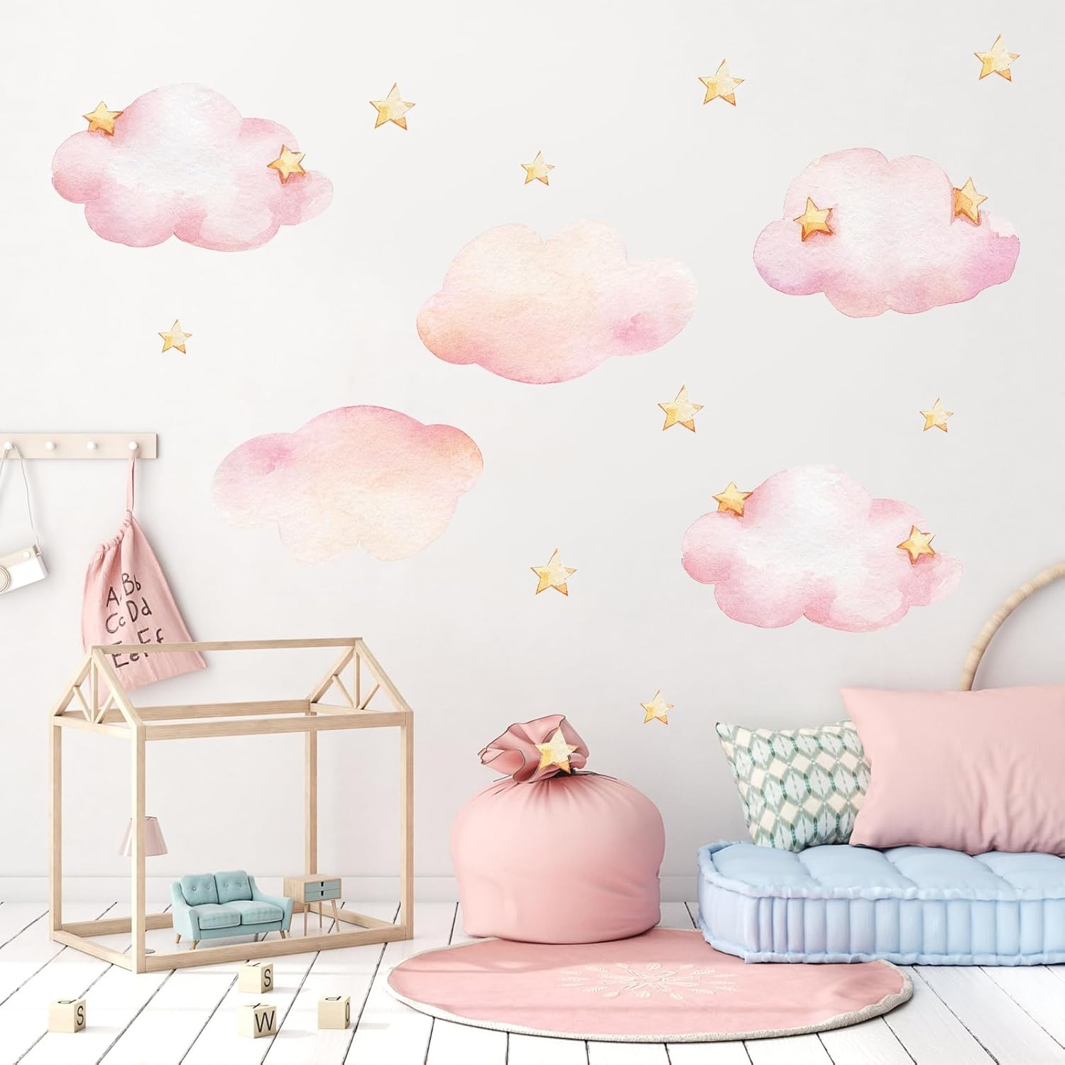 Clouds and Stars Wall Stickers, Pink Removable Wall Mural Stickers Cloud Wallpaper Stick and Peel Vinyl Wall Art Decals for Kids Baby Nursery Bedroom Living Room Home Decor Gift image number 2