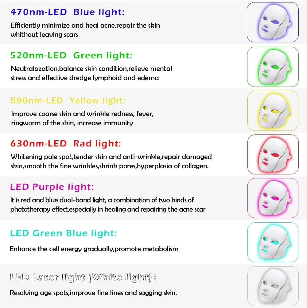 Led Face Mask with Neck - 7 Color Photon Blue Red Light Maintenance Skin Rejuvenation Facial Skin Care Mask Maintenance for Healthy Skin Rejuvenation | Home Light Maintenance Facial Care Mask