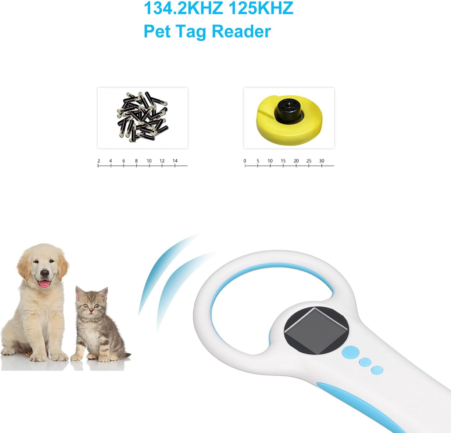 Pet Microchip Reader, Handheld ID Chip Scanner with 134.2KHZ & 125KHZ Compatibility, LED Screen Display, USB Data Connection for Animal Tag Identification