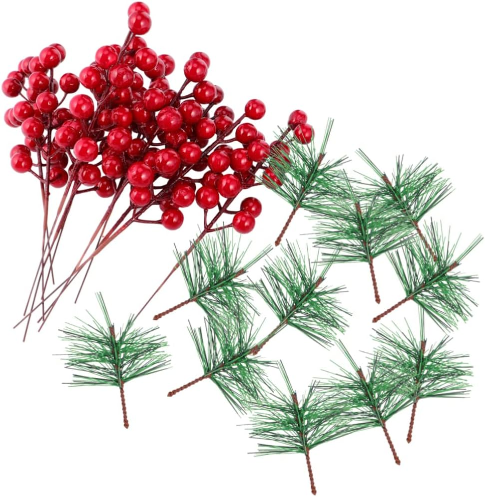 20Pcs Artificial Berry and Pine Needle Branches for Christmas Decorations Lifelike Holiday Wreath and Craft Supplies Green and Needles Berries image number 1