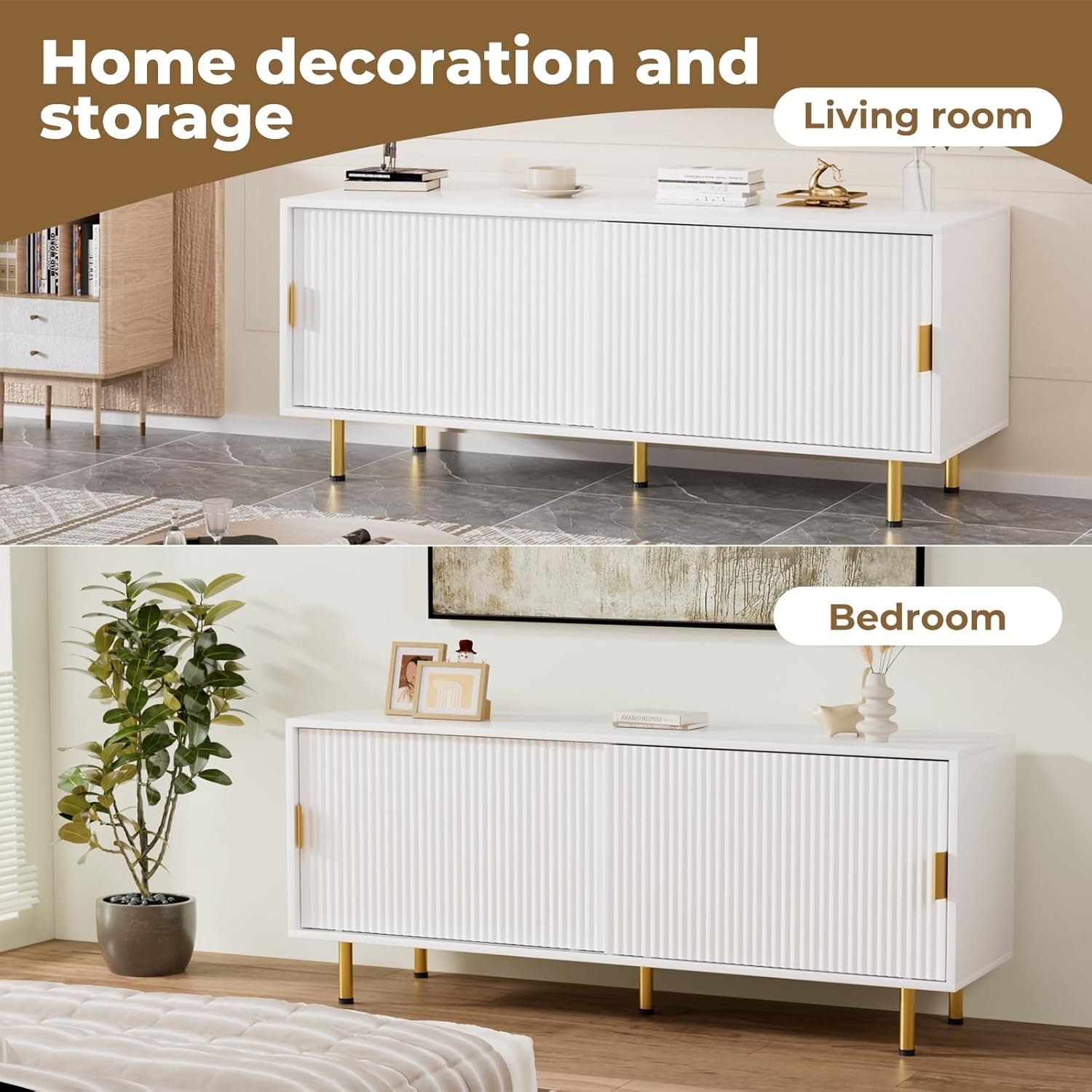 Levede TV Cabinet, 120Cm Entertainment Center TV Unit Stand with 2 Sliding Door, TV Console Table with 2 Storage Cabinets, Media Cabinet for Living Room, Bedroom and Office,Gold Leg, Handle,White image number 2