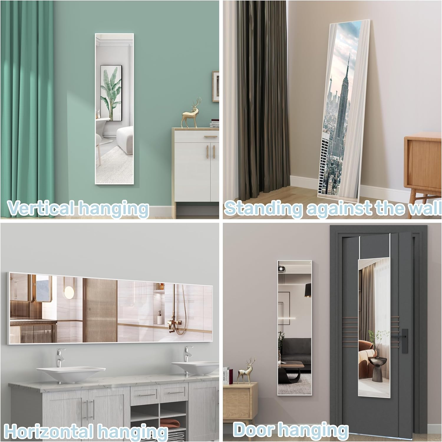ANYHI over the Door Mirror, 120X30Cm Wall Mirror Full Length, White Mirror Full Length, Door Hanging Mirror, Full Body Mirror for Door, Wall Mounted Mirror for Bedroom Bathroom