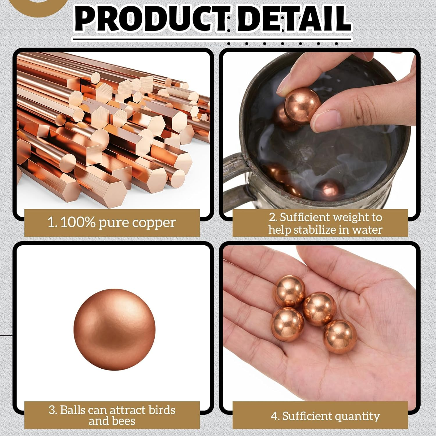 Otoolling 4 Pcs Bird Bath Copper Disk Balls, Spherical Design Purity Disk for Maximum Surface Contact, Natural Water Purification, Universal Fit Outdoor Birdbaths, All Season Use (Copper,14 Mm) image number 4