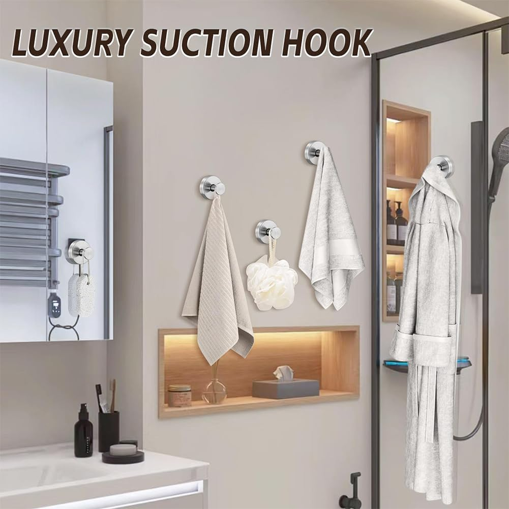 4 Pack Suction Cup Hooks for Shower, Towel Hooks for Bathroom Kitchen Glass Mirror Tile, Stainless Steel Suction Hooks for Hanging Towel Coat image number 5