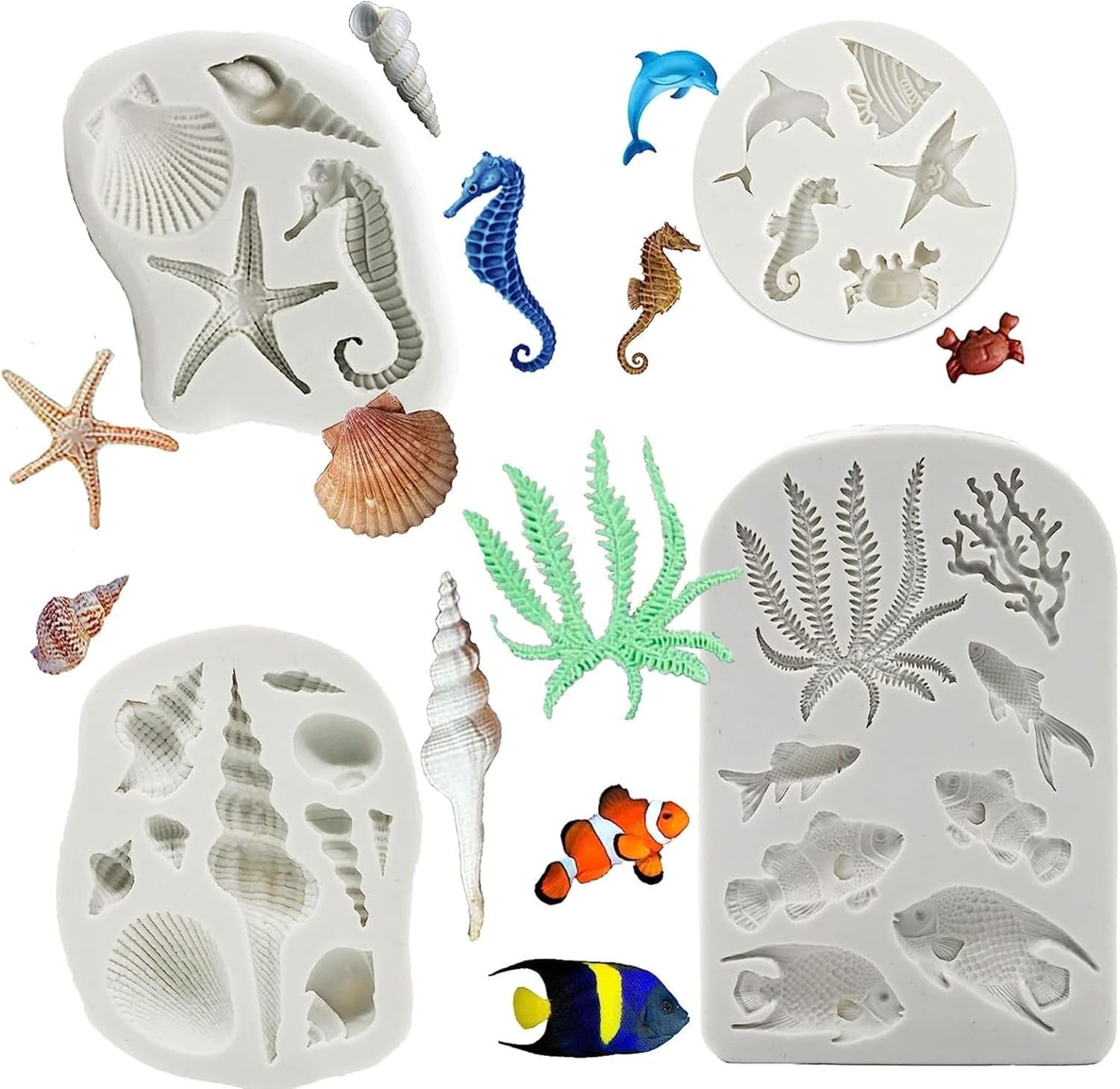 MIZOXY 4PCS Marine Theme Fondant Silicone Mold - Seaweed, Sea Fish, Crab, Coral, Conch, Sea Shells Shape - DIY Handmade Baking Tools - under the Sea Cake Mold image number 6