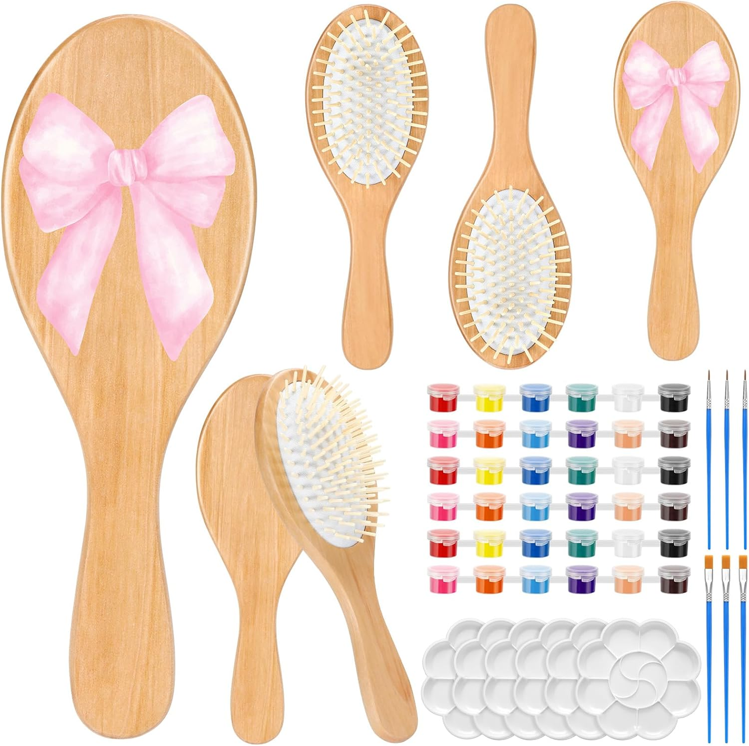 Meanplan 12 Set DIY Wooden Hairbrush Painting Kits Make Your Own Hair Brush Hand-Painted Hairbrush Night Party Supplies with Paint Brush and Palette for DIY Gift Party Crafts (Mini) image number 3