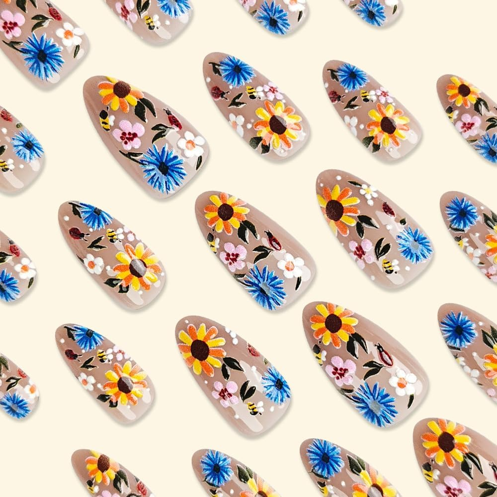 ＴＩＺＹＦＦ Press on Nails, Sonnenblume 3D Gepr&auml;gte Falsche N&auml;gel, K&uuml;nstliche N&auml;gel F&uuml;r Frauen Und M&auml;dchen -24 St&uuml;ck image number 1