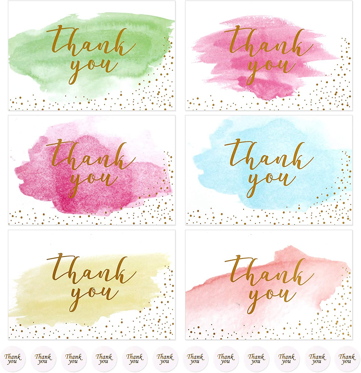 Thank You Cards Set: 12 Sheets Thank You Greeting Cards with Envelopes and Stickers,Watercolour Design, Greeting Cards for Wedding, Kids - Fully Recyclable and Eco-Friendly Cards image number 5