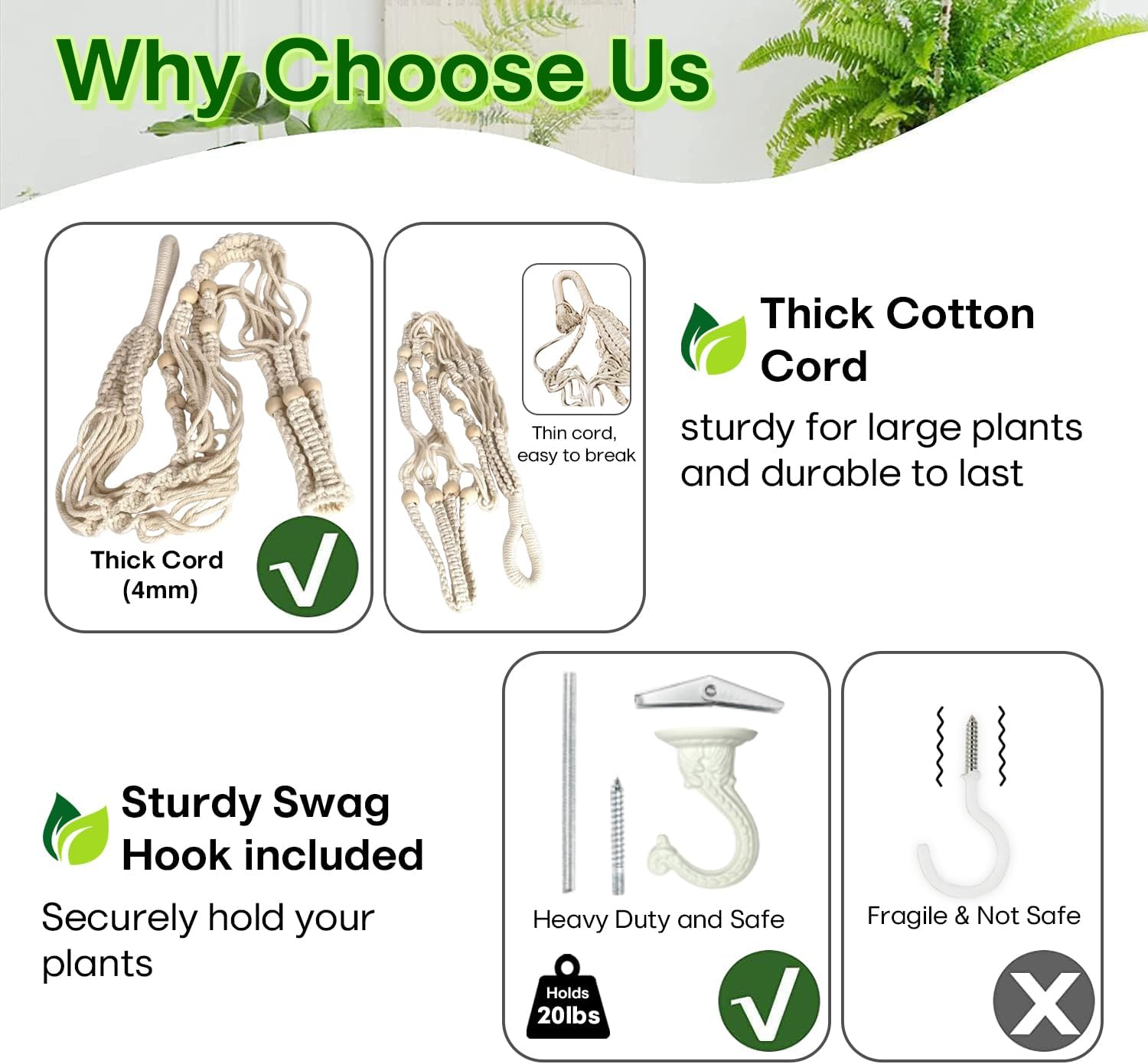 Shineloha 43 Inches Macrame Plant Hanger Large for up to 12 Inch Pot Extra Long + Hook | No Tassel, Cotton Rope Hanging Plant Holder with Swag Hook, NO Plant/Pot Included (White) image number 6