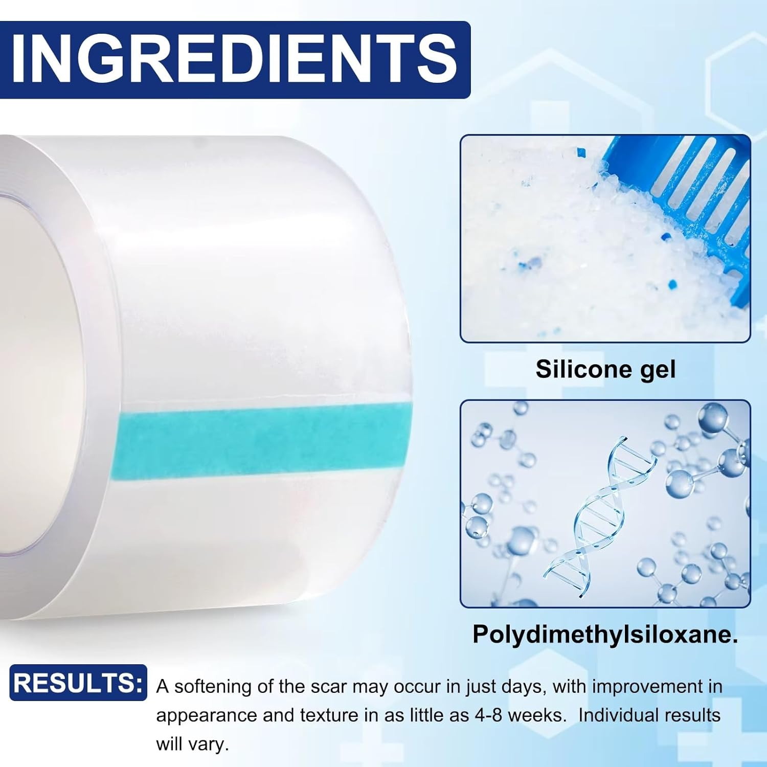 Transparent Silicone Scar Patch Tape ● Reusable, Clear, Invisible, Waterproof, Breathable Strips ● Lightens and Removes Scratches ● for Old and New Scars ● (2,5Cm*150Cm), image number 4