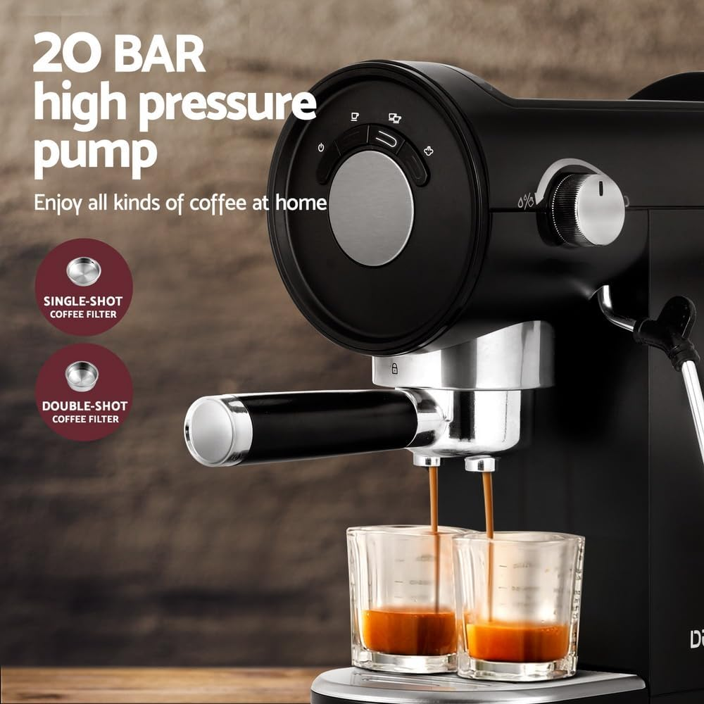 Devanti Coffee Machine, 20 Bar Barista Express Espresso Maker Pod Cafe Cup Latte Cappuccino Milk Frother Machines, with Powerful Pressure Pump Removable Drip Tray and Water Tank, Black image number 5