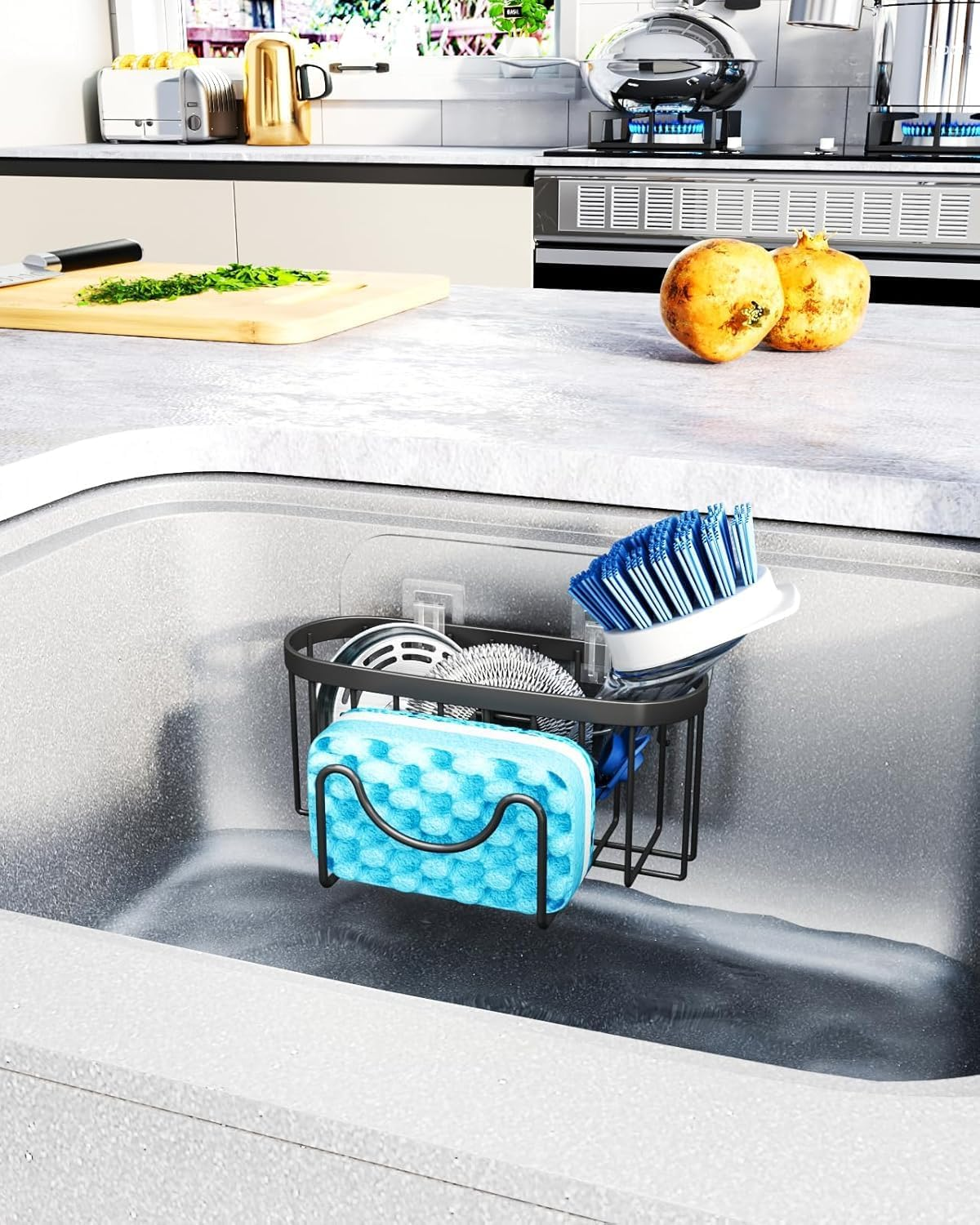 Multifunctional Sponge Holder with Unique M-Shaped, 2 Installation Methods Kitchen Sink Caddy Organizer, Rustproof Stainless Steel Sponge Caddy for Brush, Black (Black, 6.49In*1.96In*2.95In) image number 6
