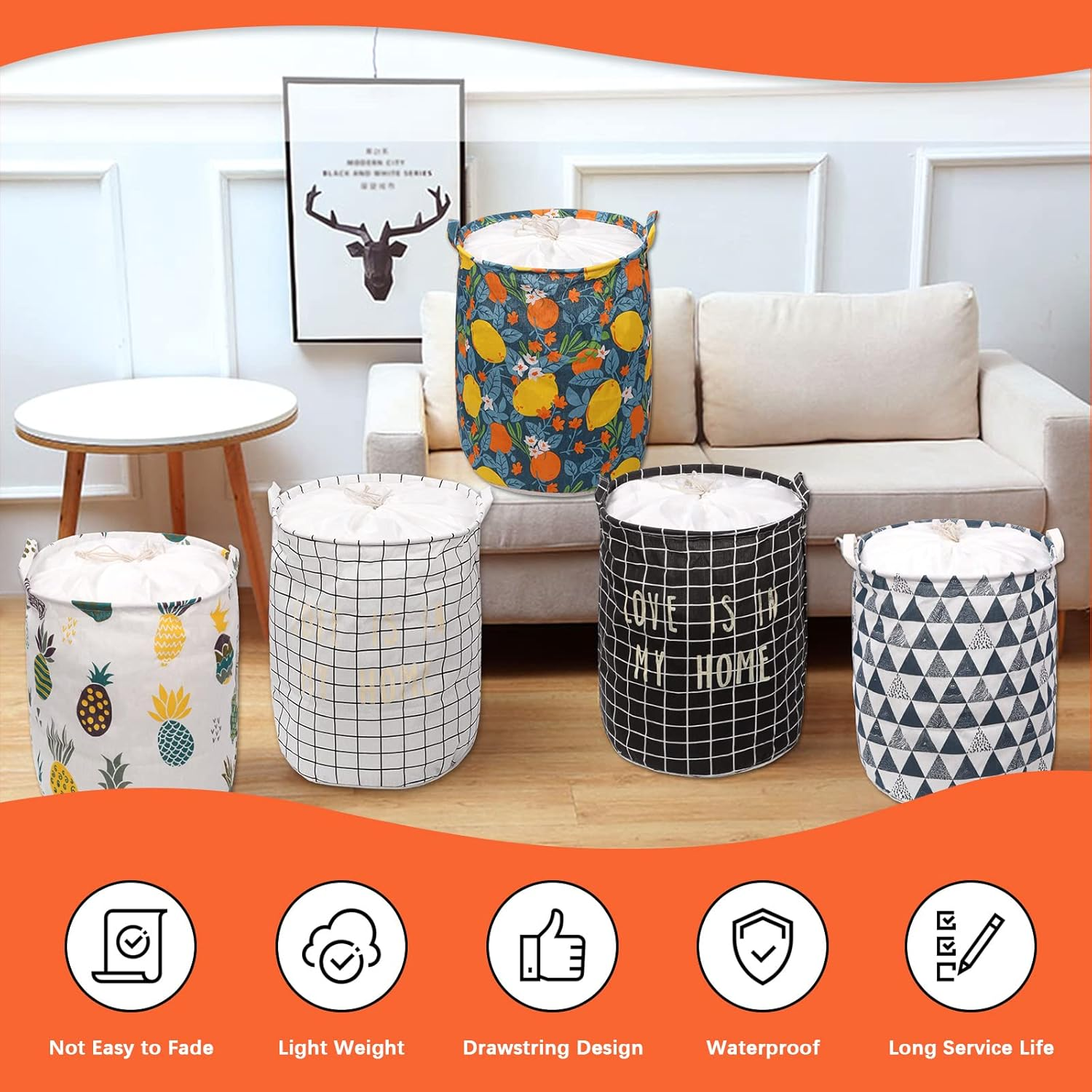 Tanstic 1Pc Freestanding Laundry Basket with Black Lattice Pattern, Foldable Large Drawstring Clothes Hamper Collapsible Fabric Bag with Leather Handle for Clothes Washing (15.7X19.6 Inch) image number 4