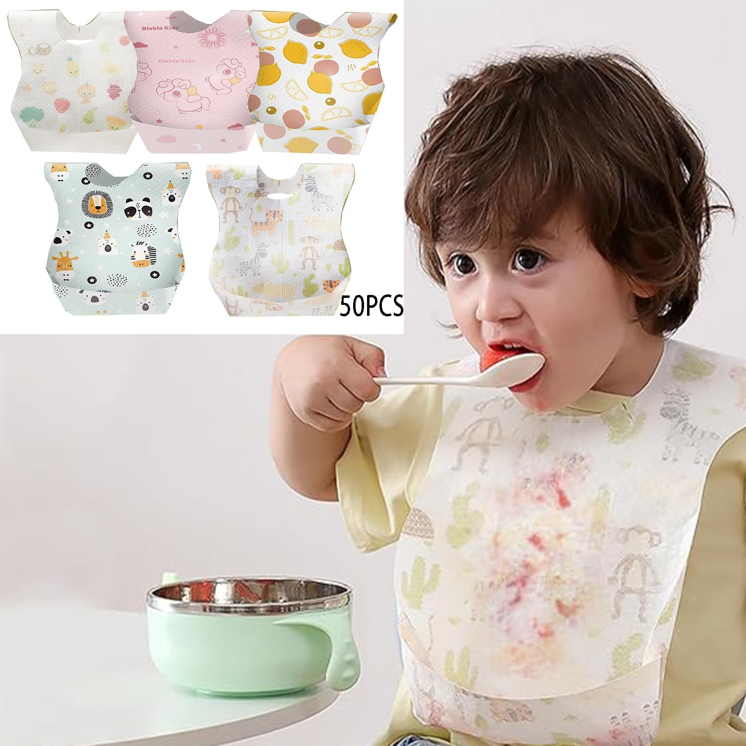 50PCS Disposable Baby Bibs &ndash; Waterproof Travel Bibs for Girls & Boys with Large Pocket, Adjustable Neck, Leak-Proof Liner, Individually Wrapped for Toddler Feeding