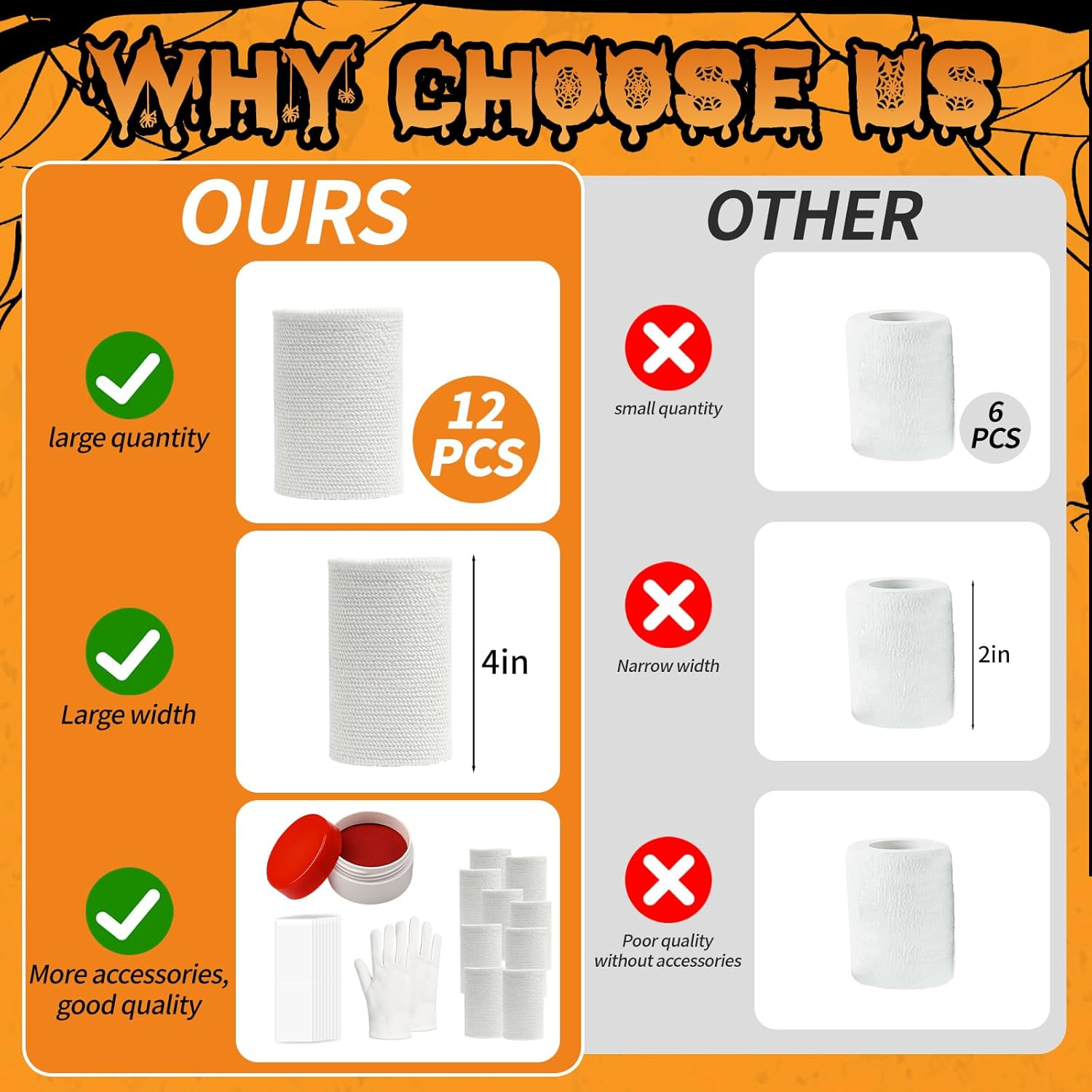 60 Yards 12 Rolls Halloween Mummy Wrap Costumes, Mummy Wrapping Cloth, Mummy Gauze, Mummy Bandages for Cosplay Zombie Makeup Halloween Costumes Accessories for Women Men with Fake Blood Power, Gloves image number 1