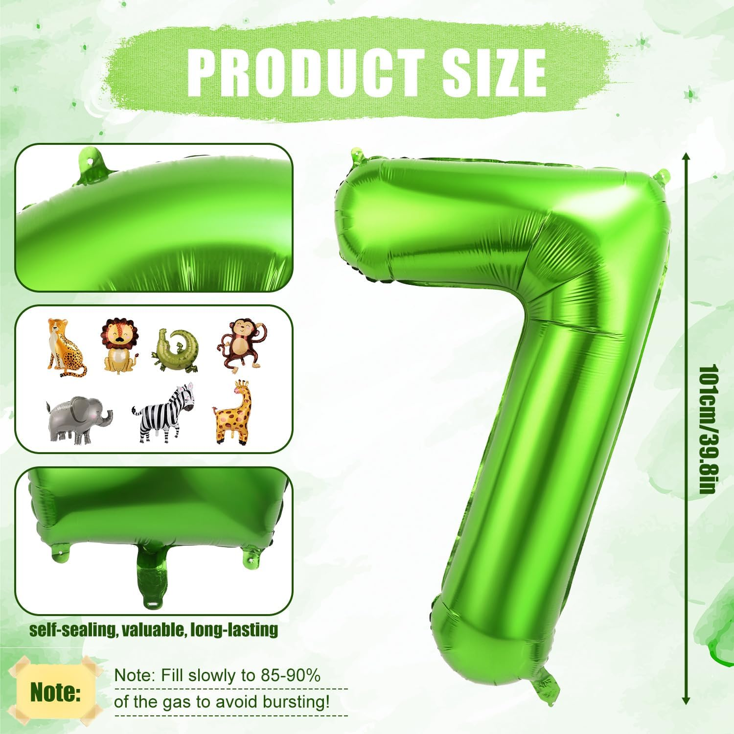 8Pcs Jungle Animal Balloons, Safari Animal Balloon Safari Animal Monkey Elephant Zebra Leopard Crocodile Giraffe Lion Balloons Birthday Number Balloons Zoo Party Decoration Supplies (Number 7) image number 2