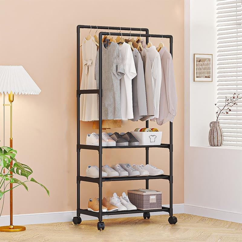 Double-Rail Clothes Hanger Stand, Storage Shelf Stand with Clothes Rail and Rolling Coat Rack,Clothing Garment Rack with Bottom Shelf, Drying Rack, Household Space Saving Storage Organizer for Bedroom