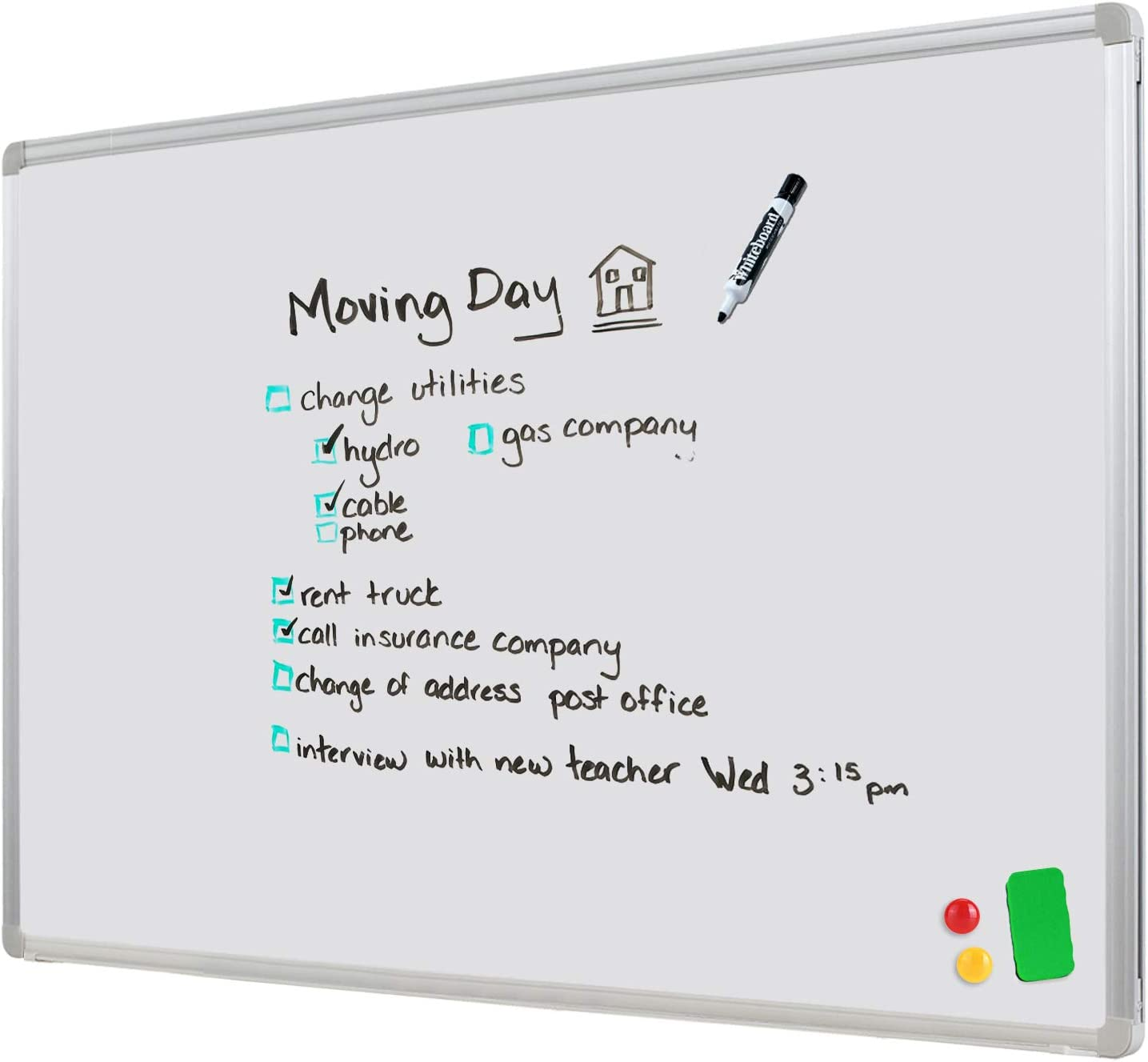 HAND in HAND Magnetic Whiteboard, Dry Erase Board, Silver Aluminum Frame, Including 1 X Dry-Erase, 2 X Magnets and 1 X Dry-Erase Board Markers, for School, Home, Office (905 X 600 MM)