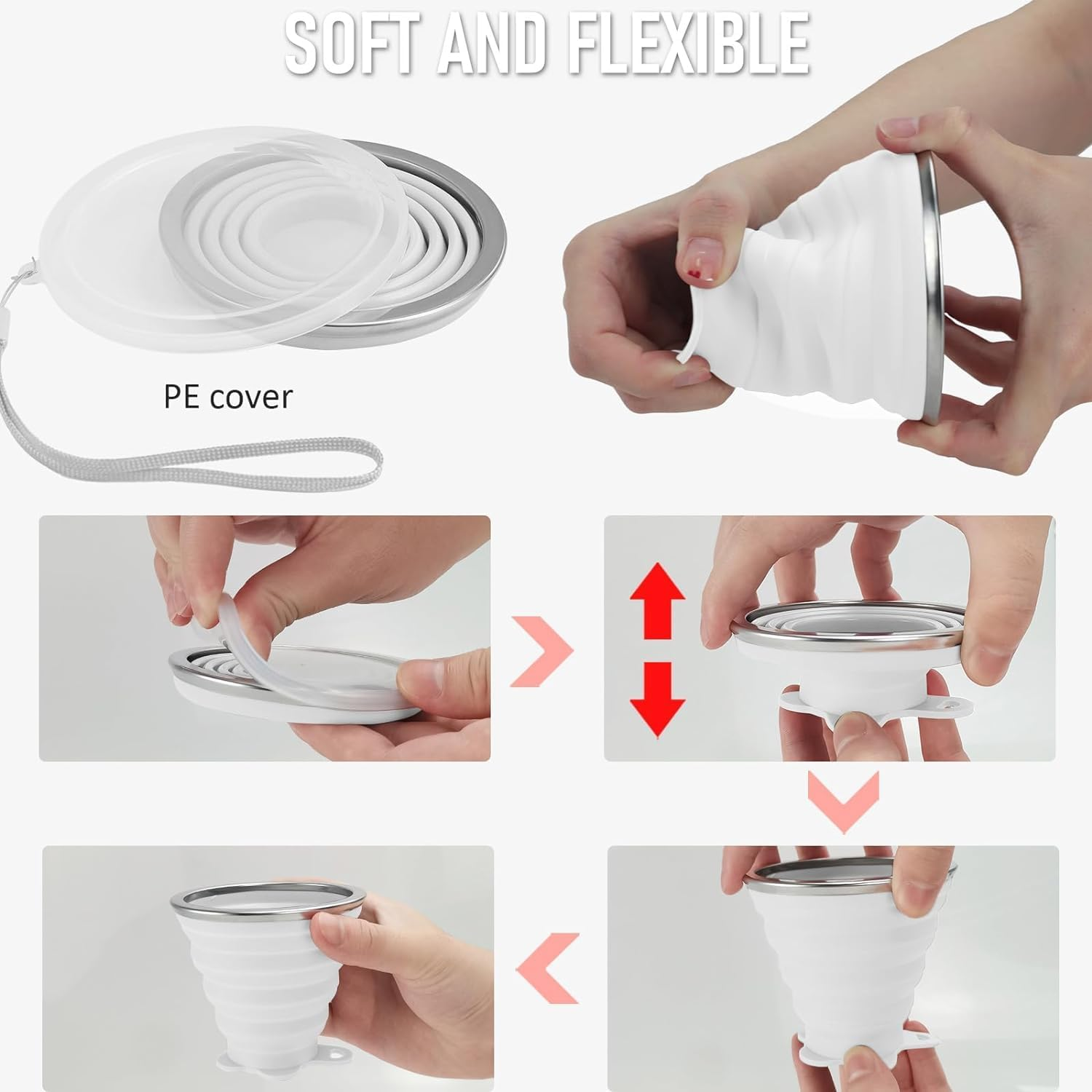 Silicone Foldable Cup, 4 Pack BPA Free Collapsible Travel Mugs, Folding Silicone Cups with Plastic Sealing Lid, Reusable Portable Cup Set for Picnic, Camping, Outdoor Hiking Travel (Translucent) image number 1