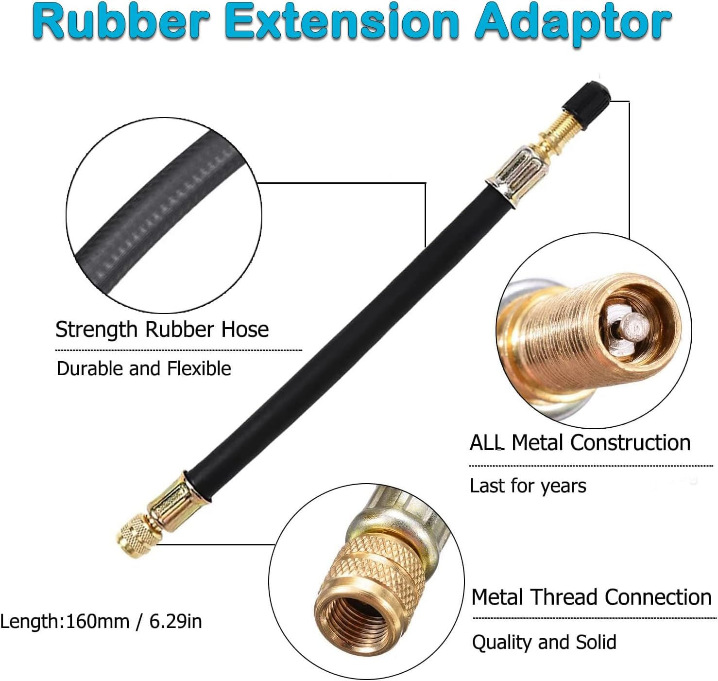 YUENTOEN 2Pcs Tire Valve Extension, Flexible Rubber 160MM Tire Valve Extender Inflatable Hose with 2Pcs 90 Degree Brass Tire Valve Stem Extension Adaptor for Cars Truck Motorcycle Bike image number 5
