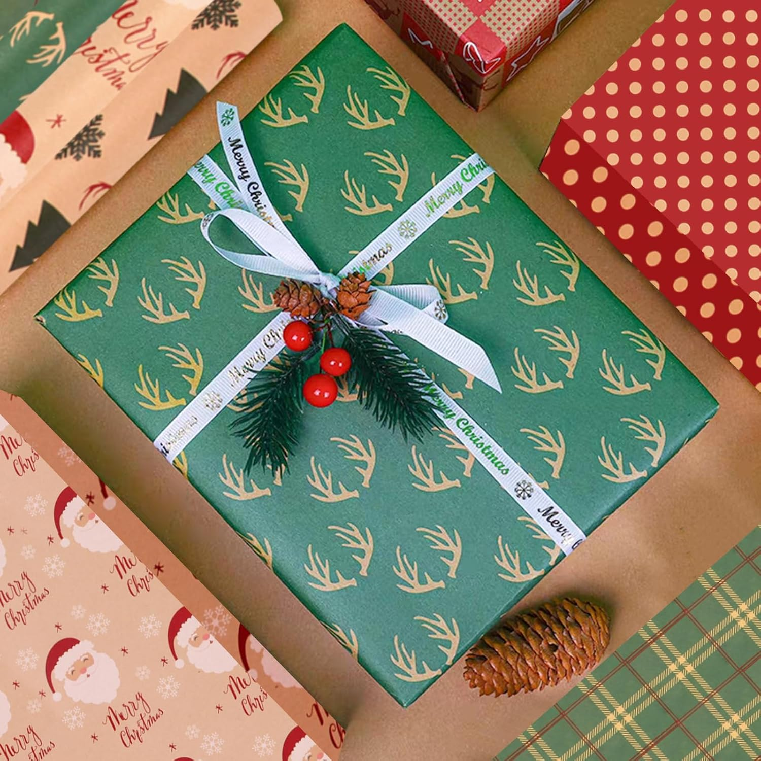 Xugoox 6 Sheet Christmas Wrapping Paper, Wrapping Paper, Brown Packaging Paper with String Sticker, Xmas Trees Gift Wrap for Christmas Holiday New Year Wedding Party Decor DIY Craft image number 1