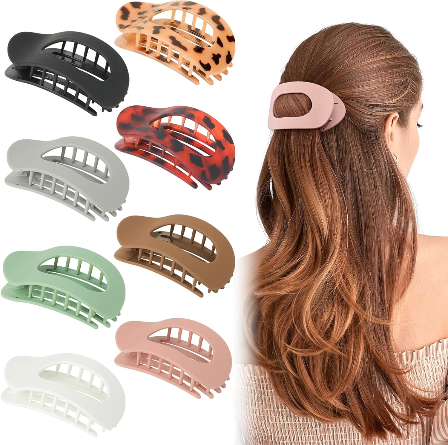 Women'S Hair Clips, Pack of 8 Hair Clips, Solid Colour, Non-Slip, Large Flat Claw Clip, Leopard Print, Flat Hairs Claw Clip, French Matt, Elegant for Everyday, Sports, Driving image number 4