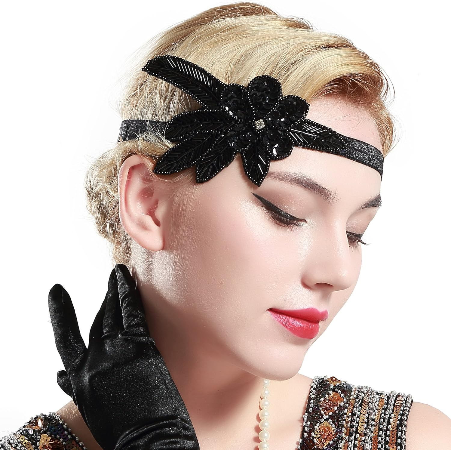 BABEYOND Women'S Flapper Headband Black 1920S Gatsby Headpiece Crystal Beaded Headband for Girls (Black)(Size: One Size) image number 3