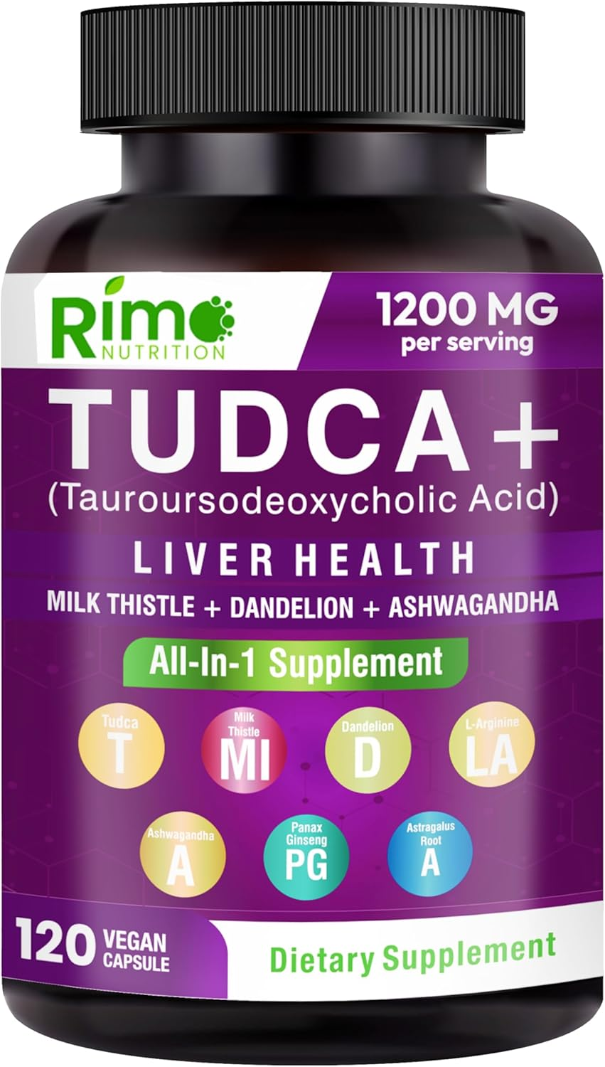 Rimo Nutrition Tudca - Liver Support Supplement with Milk Thistle, Dandelion. L Arginine, Ashwagandha, Panax Ginseng Root, Astragalus Root 1200 Mg per Serving 120 Capsules